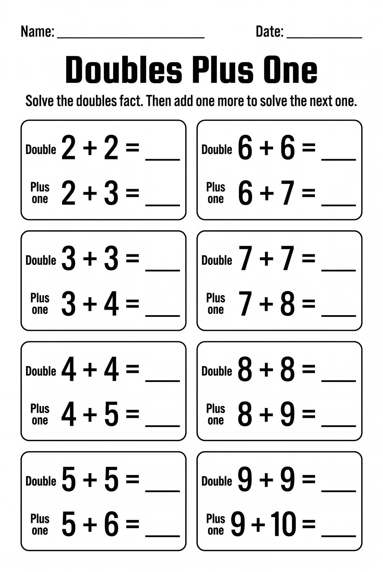 Doubles Plus One: First Grade Addition Worksheet worksheet preview