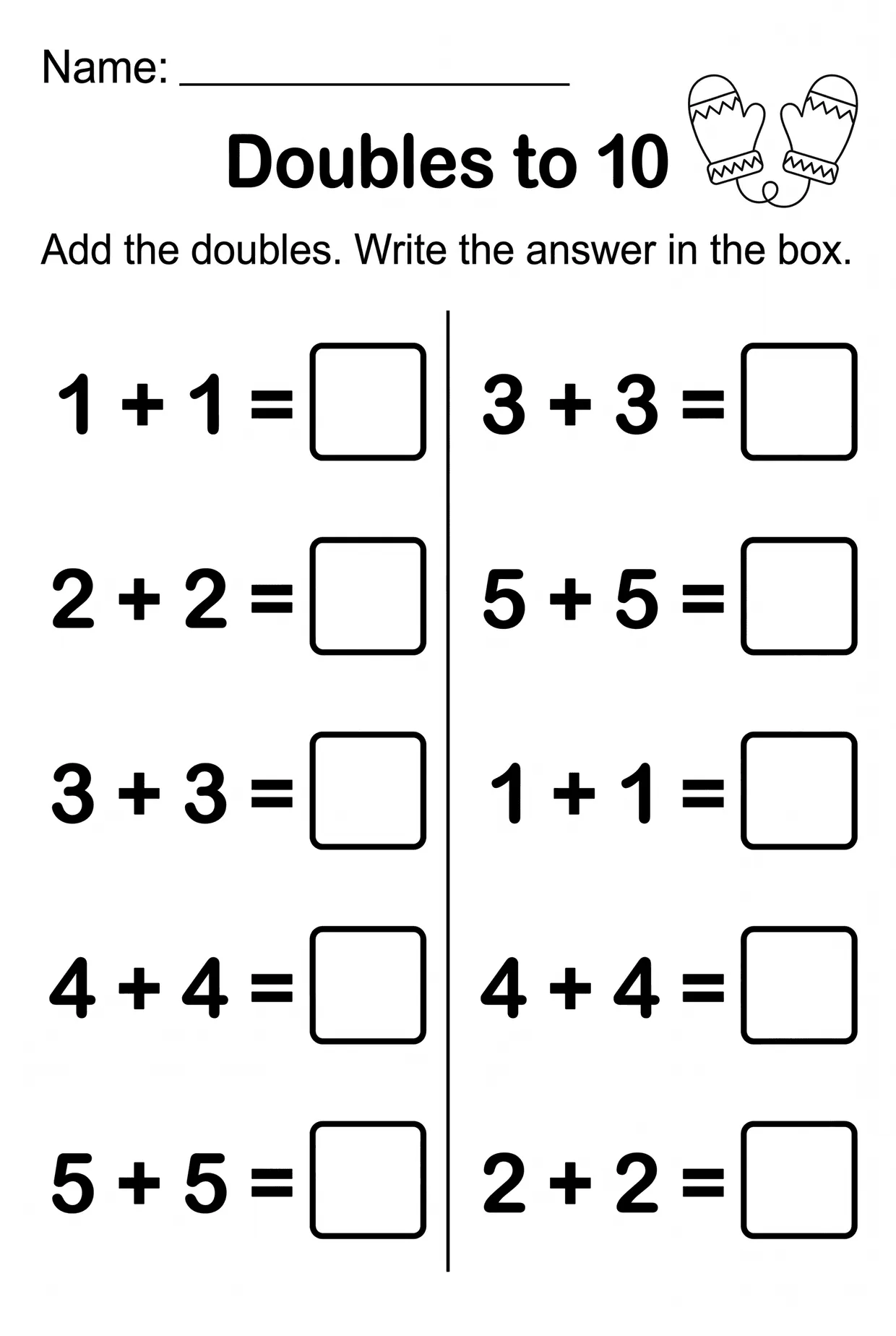 Doubles to 10 Kindergarten Addition Worksheet, page 1 preview