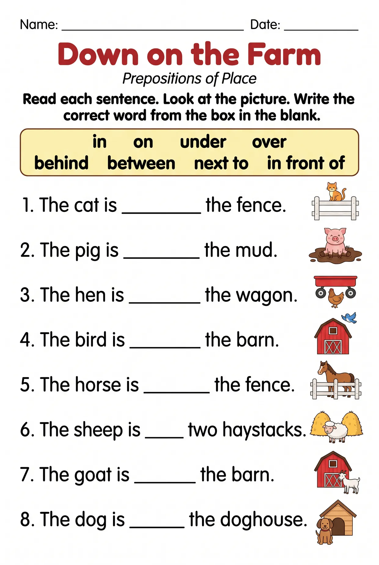 Down on the Farm: First Grade Prepositions Worksheet, page 1 preview