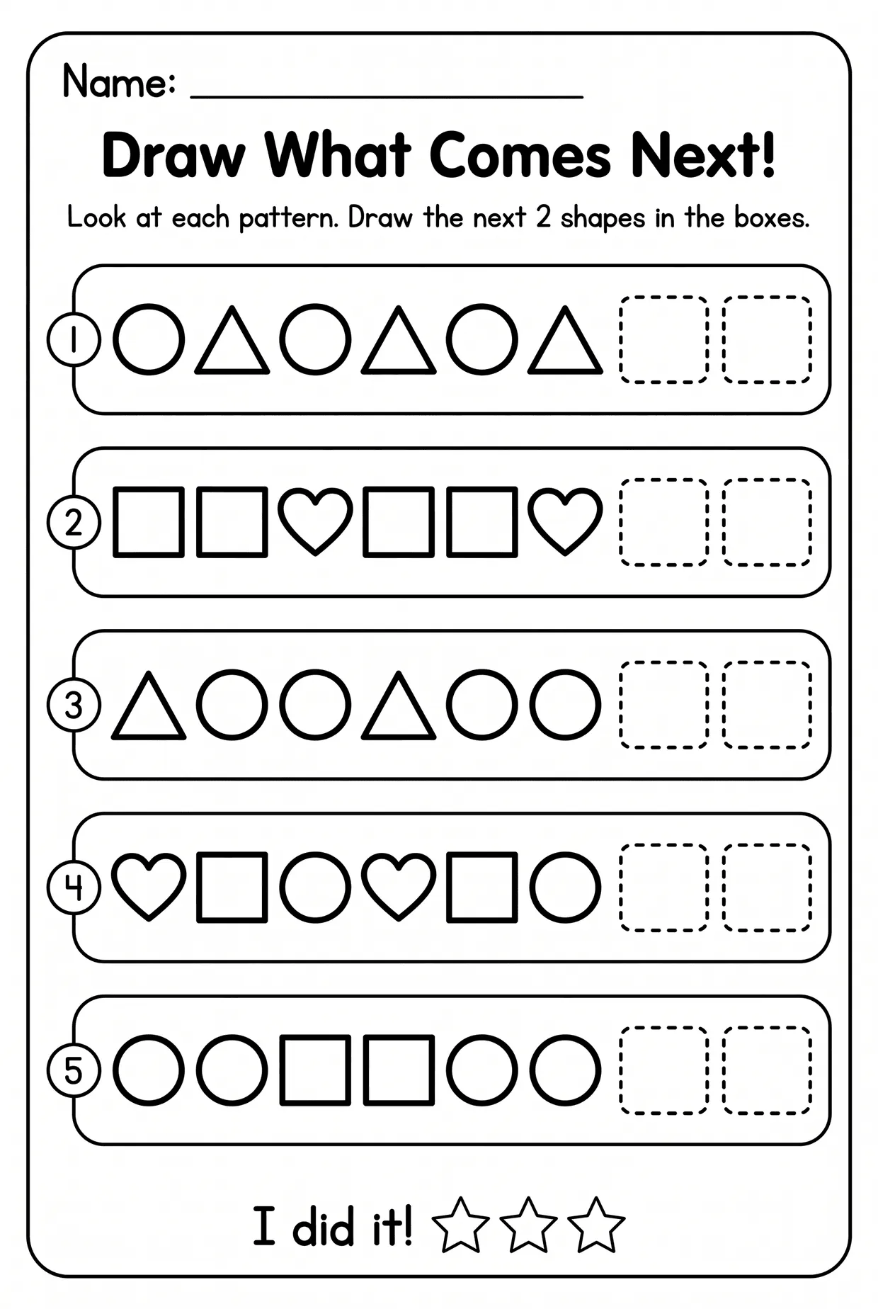 Draw the Next Two Shapes: Kindergarten Pattern Worksheet, page 1 preview