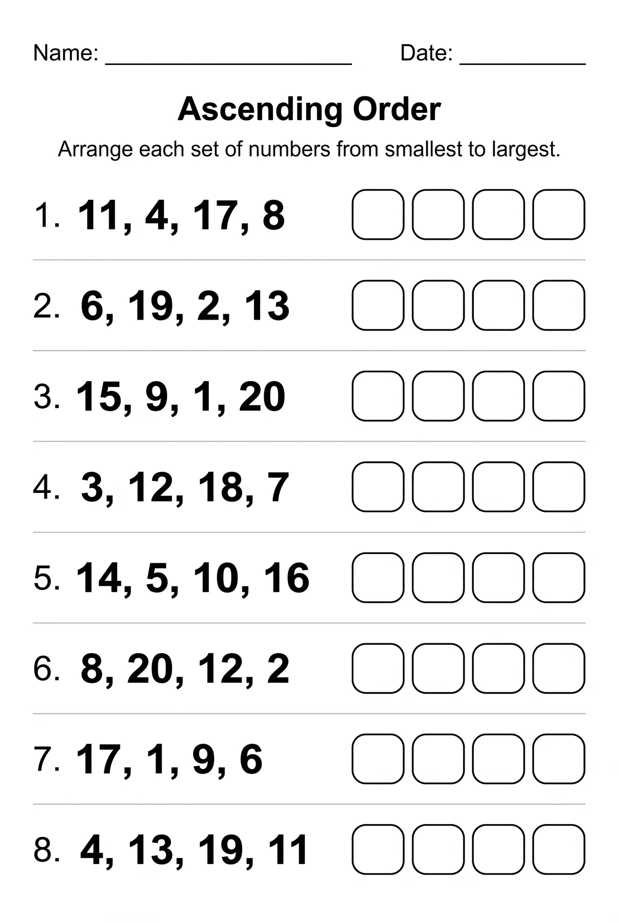 Ascending Order Worksheet to 20 for First Grade worksheet preview