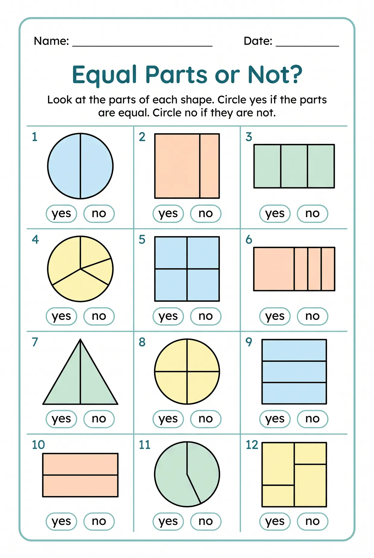 Equal Parts or Not? 2nd Grade Fractions Worksheet, page 1 preview