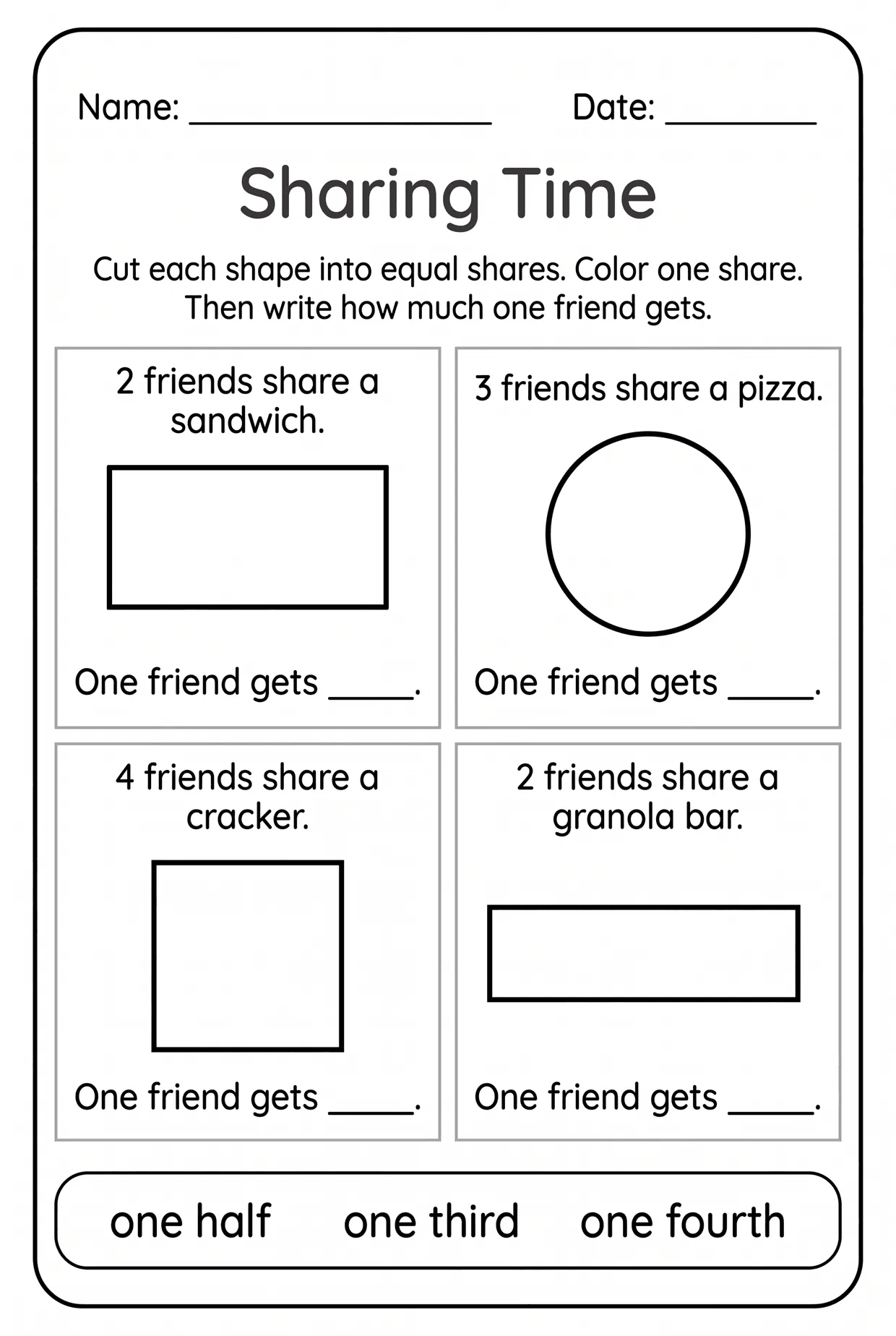 Equal Shares Word Problems: Grade 2 Fractions Worksheet worksheet preview
