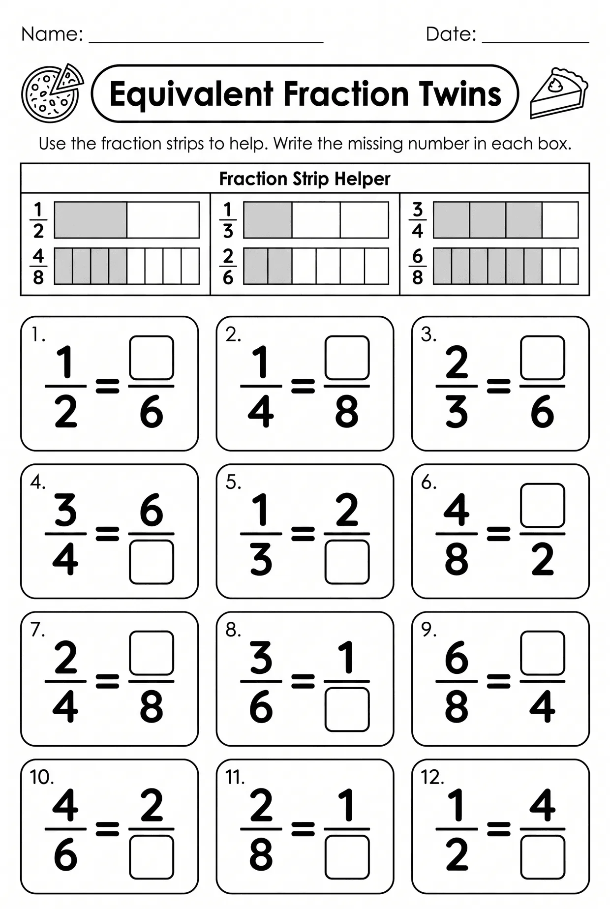 Equivalent Fraction Twins: 3rd Grade Fraction Worksheet, page 1 preview