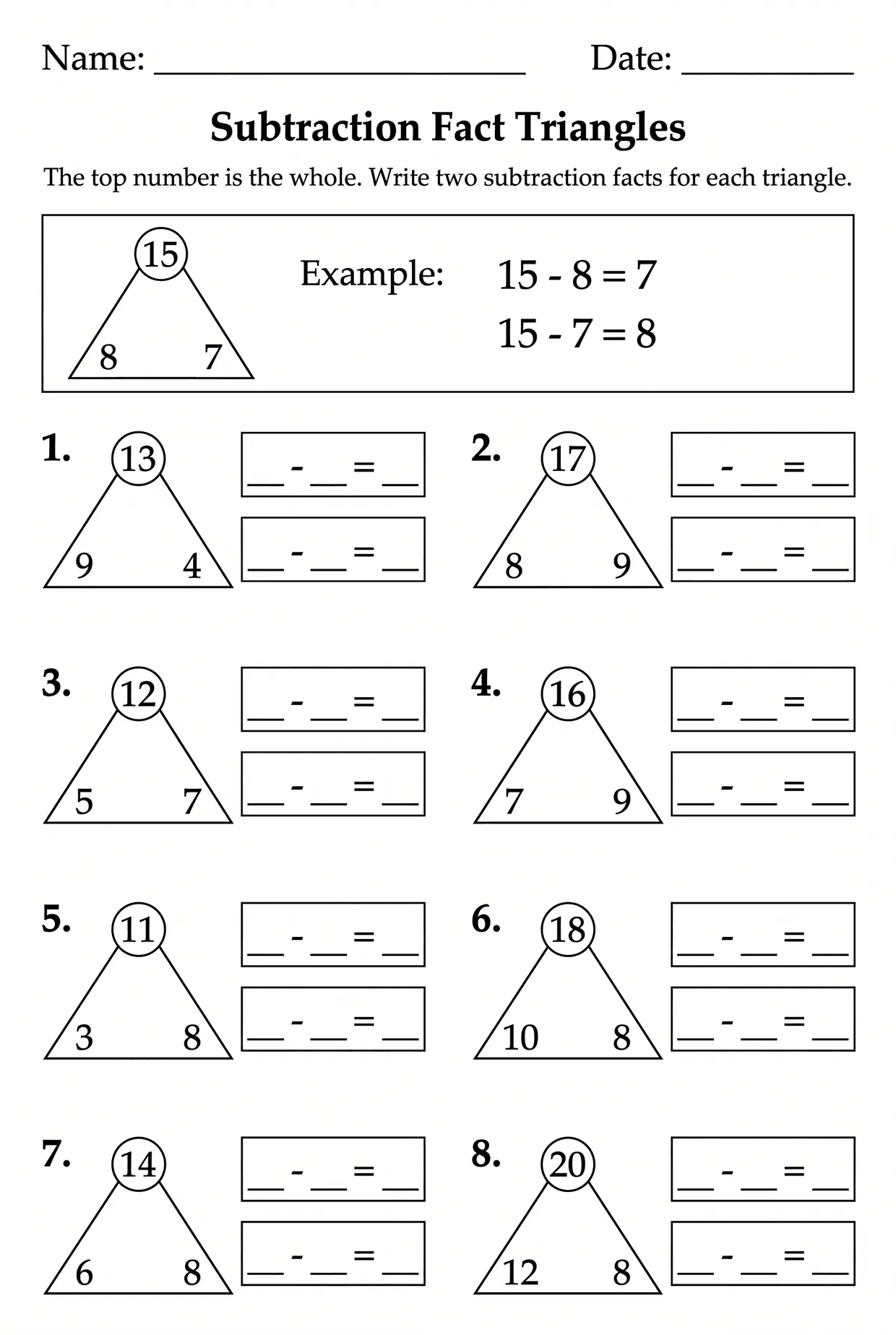 Subtraction Fact Triangles Worksheet for 2nd Grade, page 1 preview