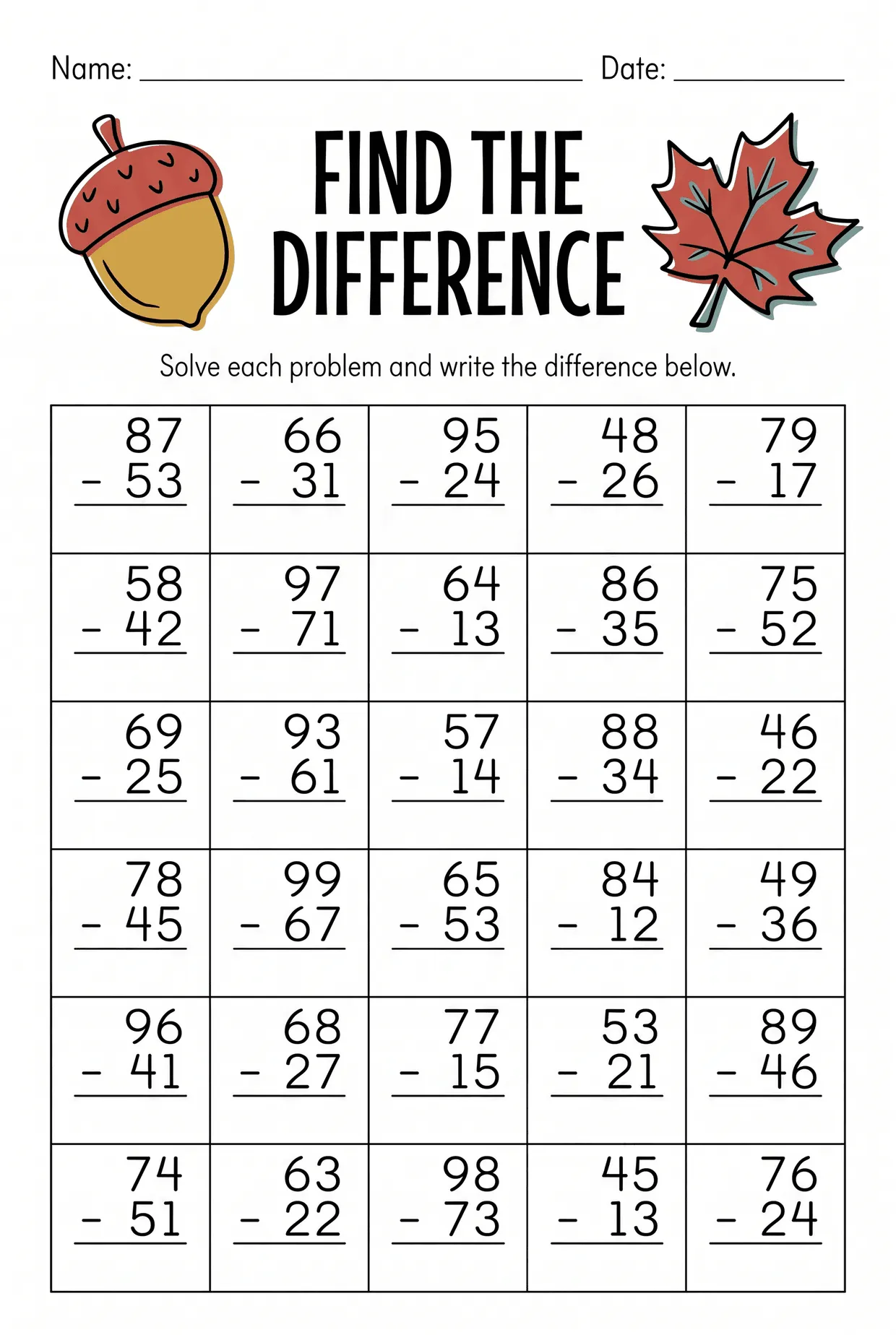 Fall Acorn 2nd Grade Subtraction Worksheet, page 1 preview