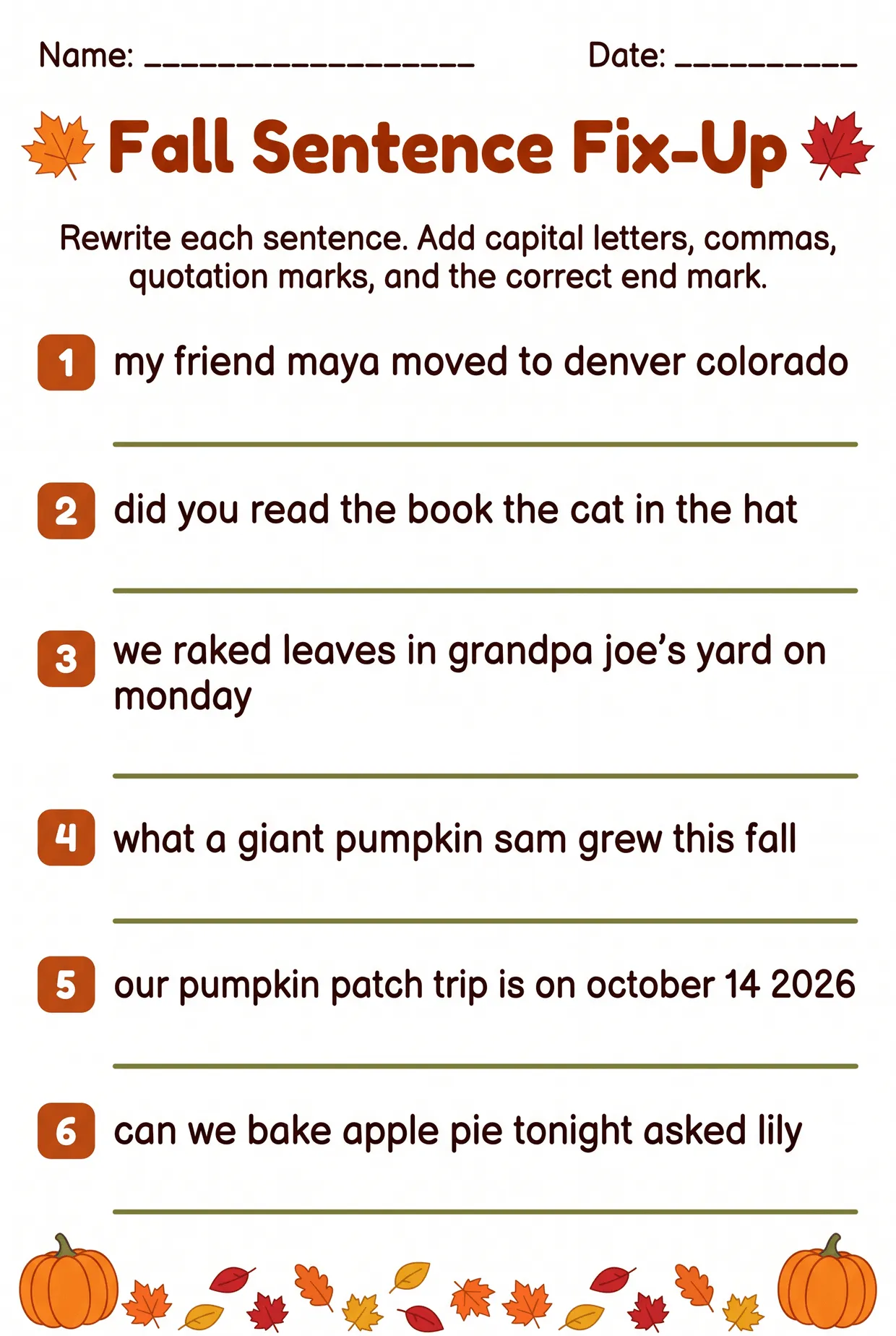 Fall Sentence Fix-Up: Grade 3 Punctuation Worksheet, page 1 preview