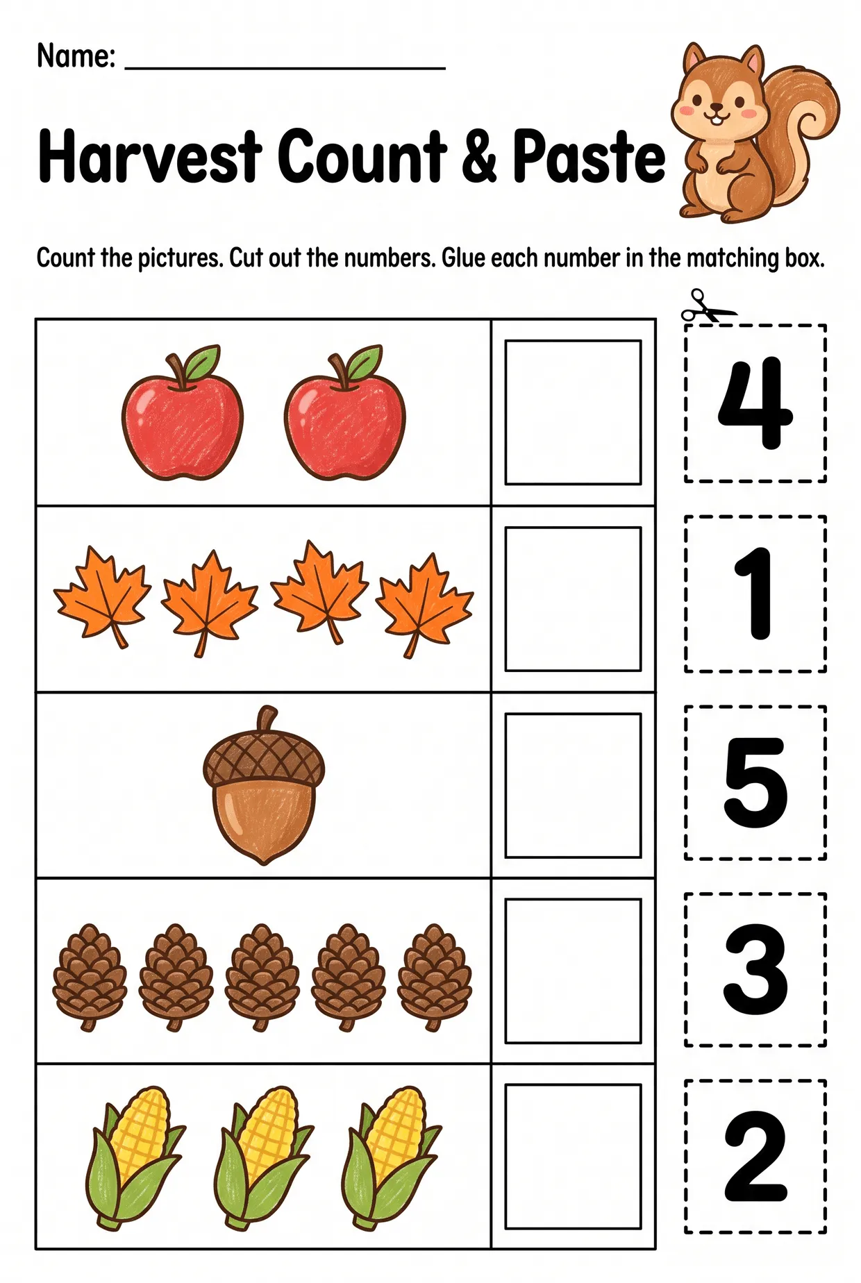 Fall Harvest Cut and Paste Counting Worksheet for Pre-K, page 1 preview