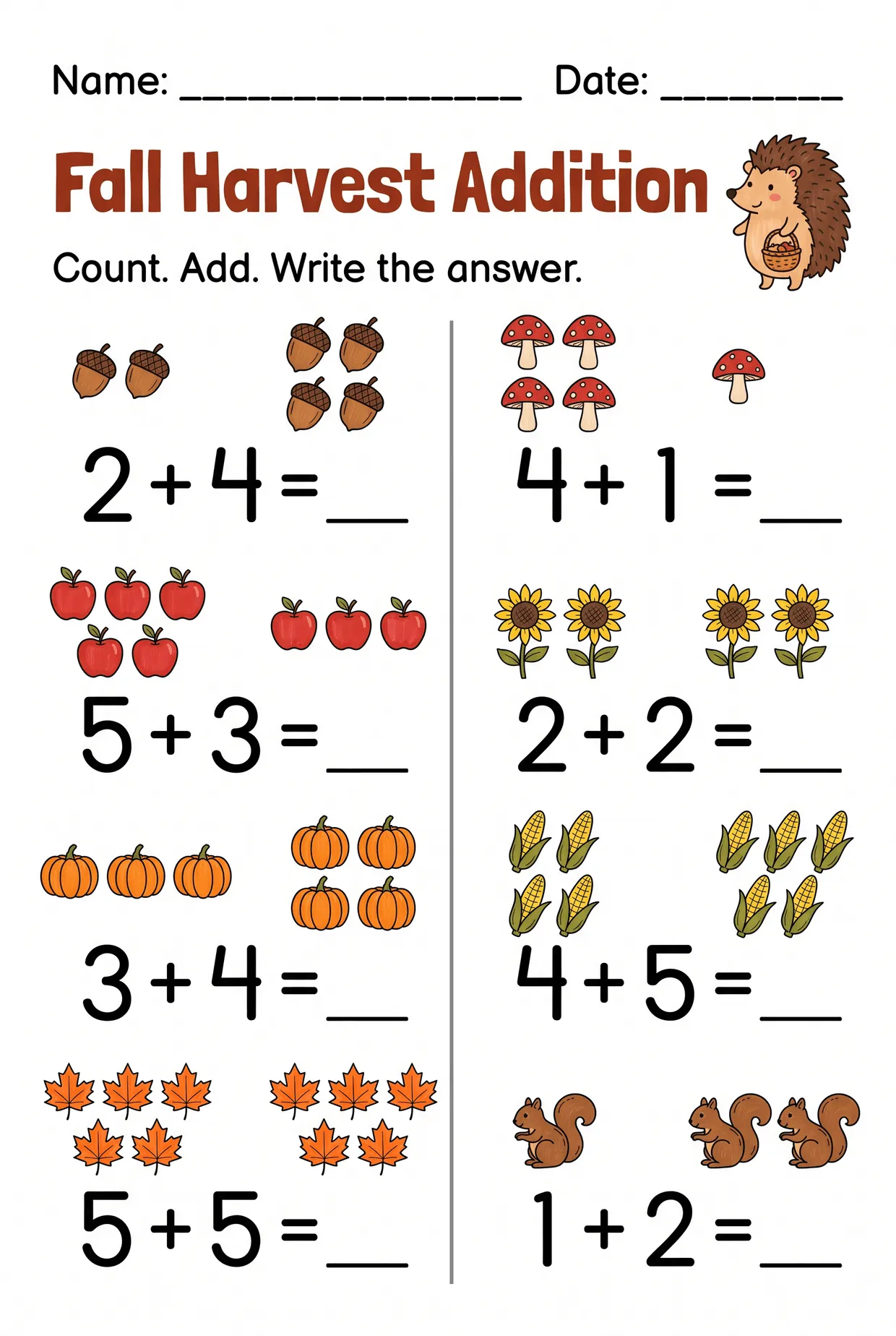 Fall Harvest Picture Addition Worksheet for Kindergarten, page 1 preview