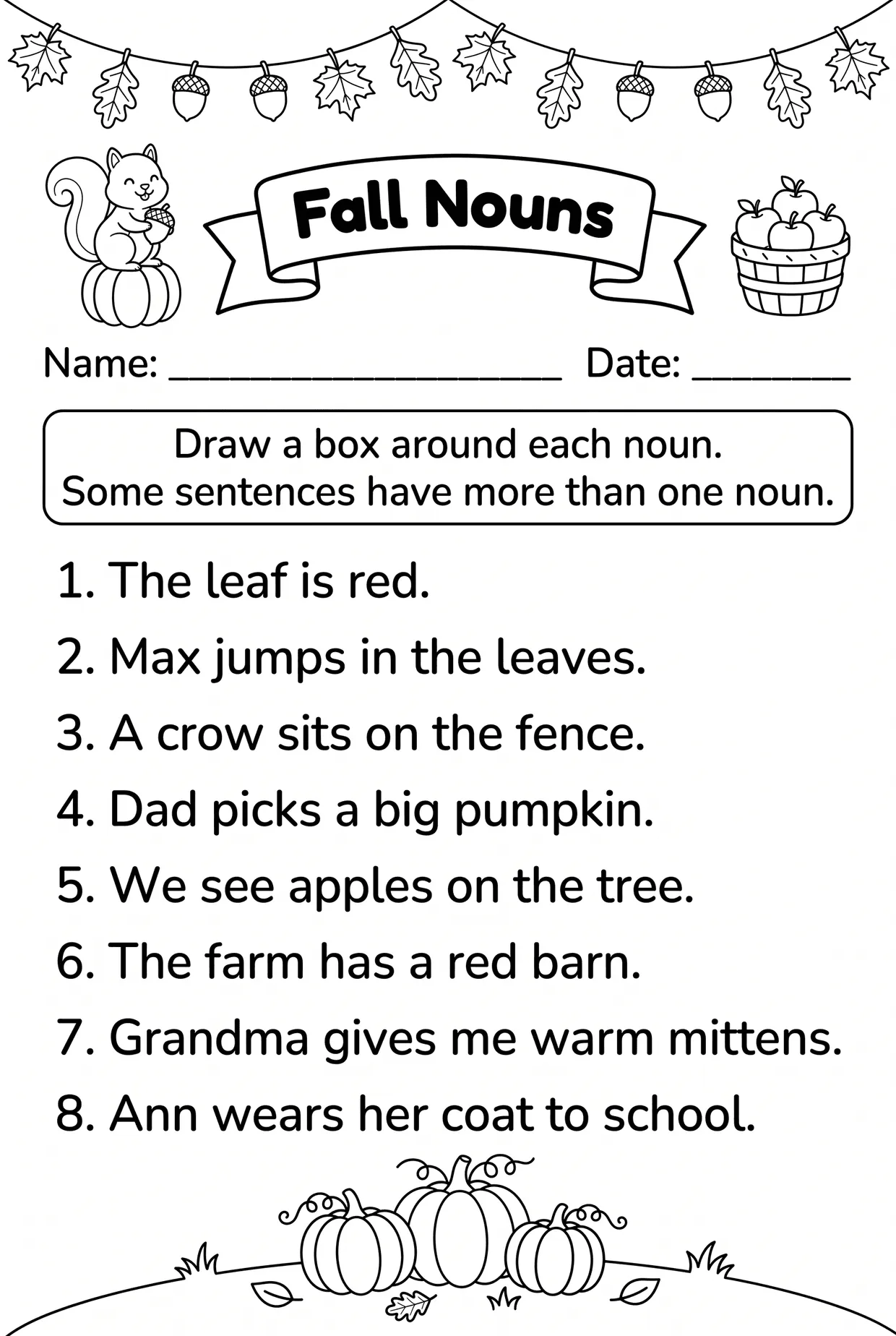 Fall Nouns: Box the Noun Worksheet for 1st Grade, page 1 preview