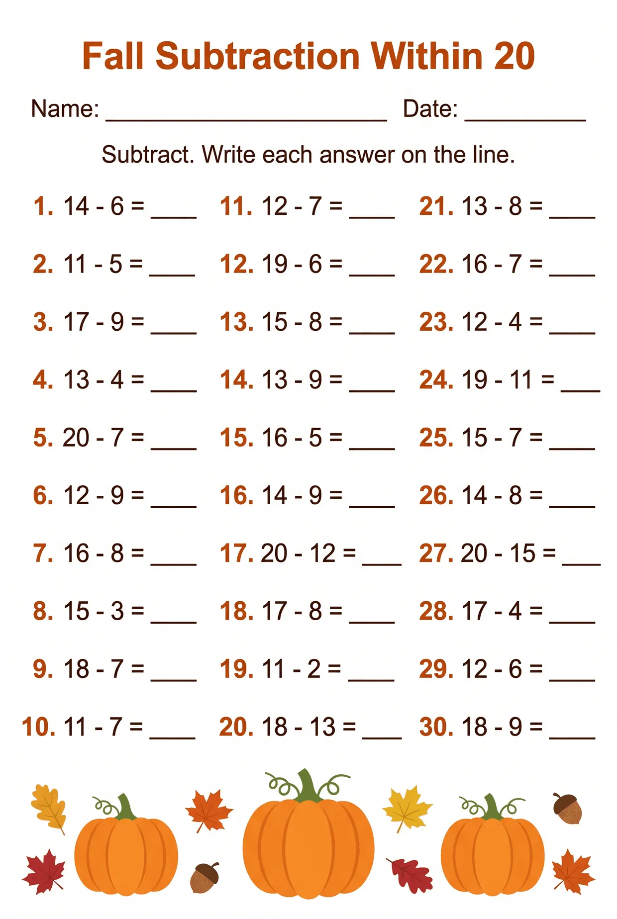 Fall Subtraction Within 20 Worksheet for 2nd Grade, page 1 preview