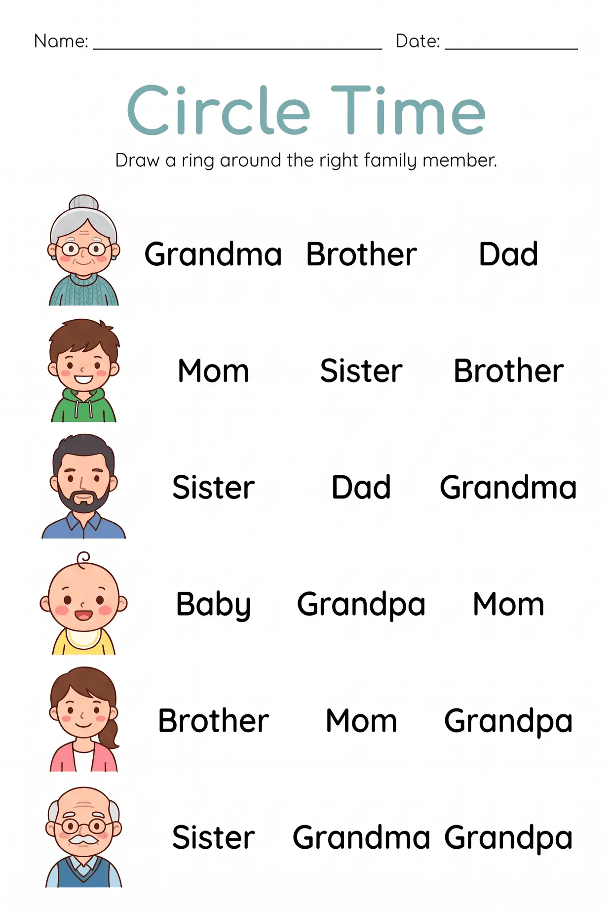 Family Members Worksheet: Circle the Correct Word, page 1 preview