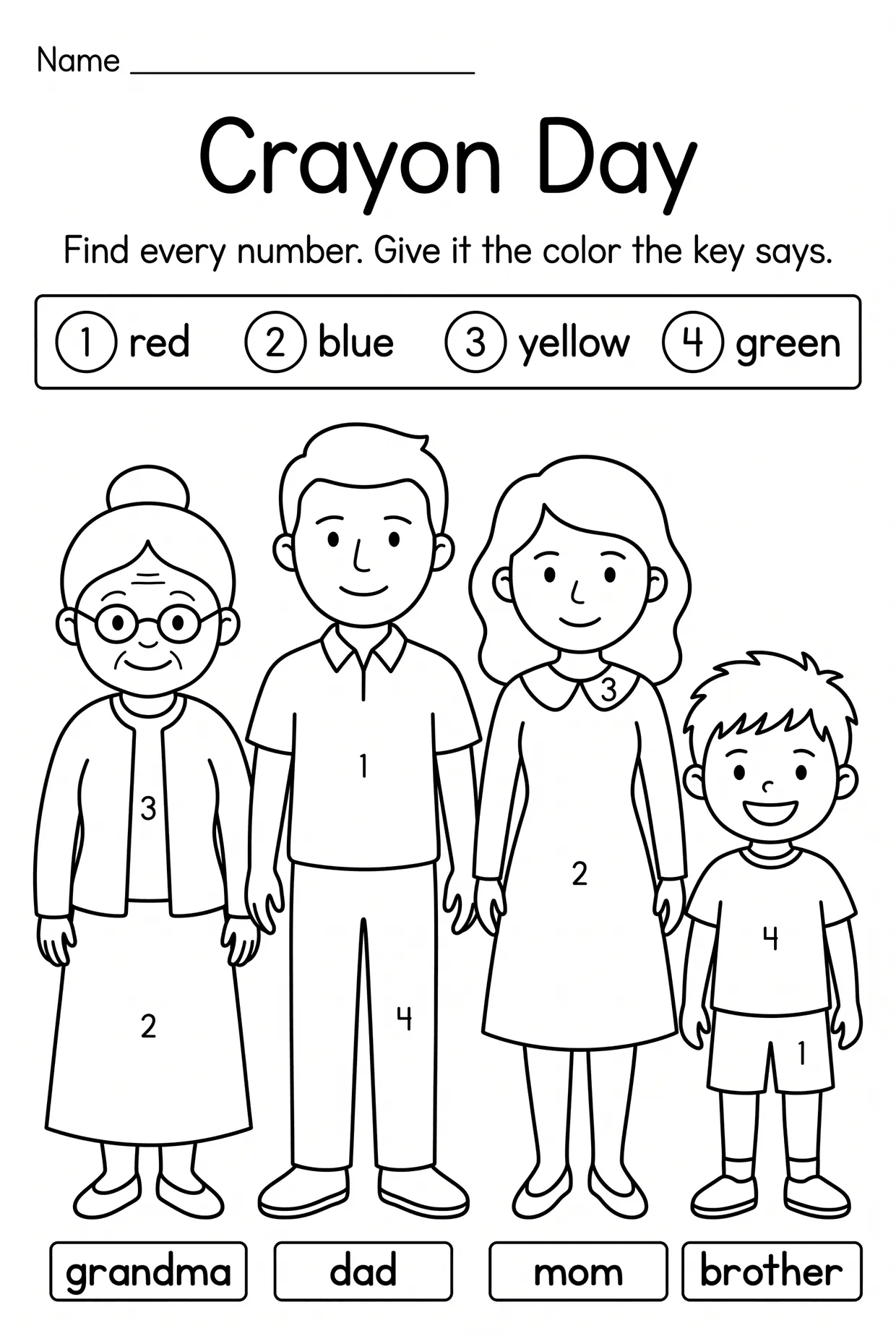 Family Members Color by Number Worksheet for Kindergarten, page 1 preview