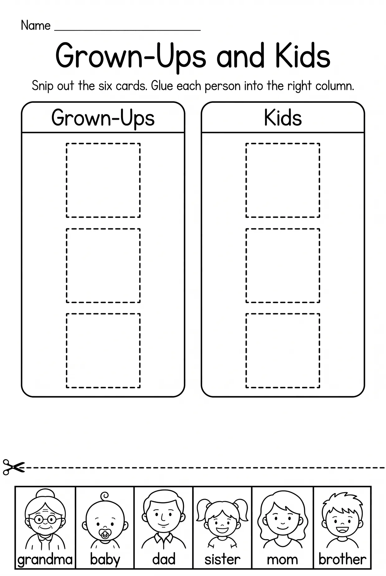 Family Members Cut and Paste Sorting Worksheet, page 1 preview