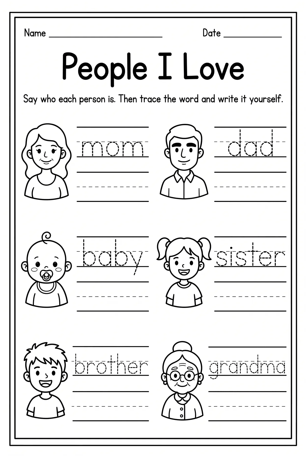 People I Love: Family Members Word Tracing Worksheet, page 1 preview