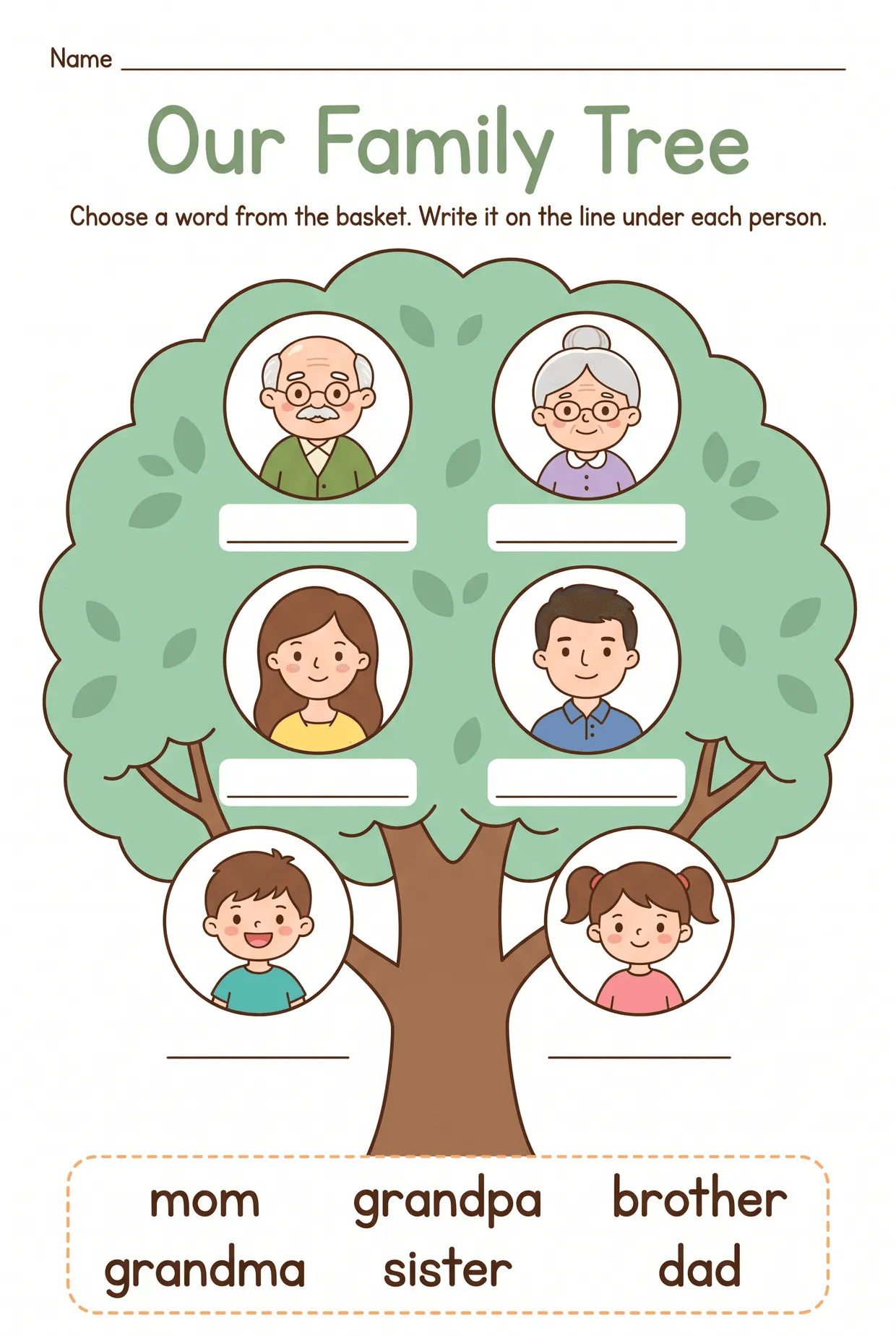 Our Family Tree: Label the Family Members Worksheet, page 1 preview