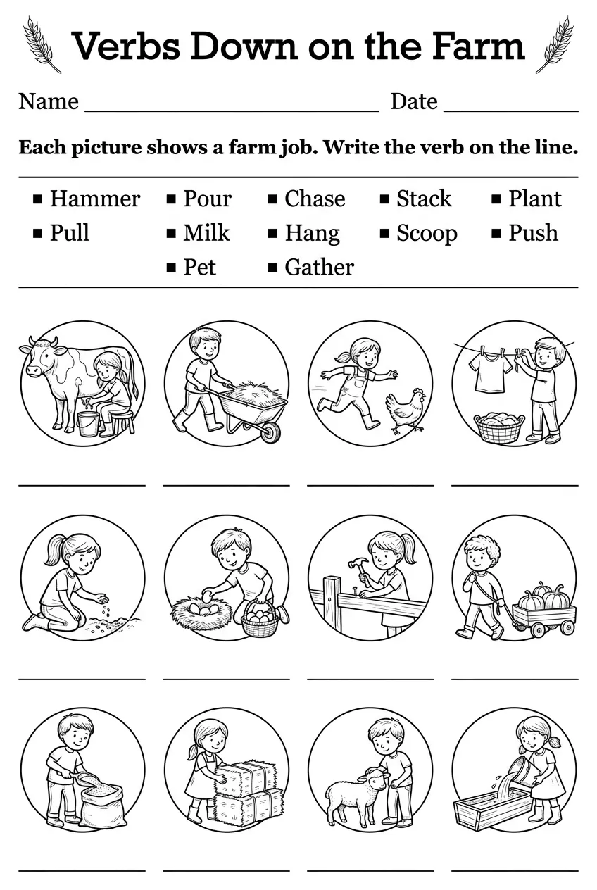 Farm Action Verbs Worksheet: Verbs Down on the Farm, page 1 preview