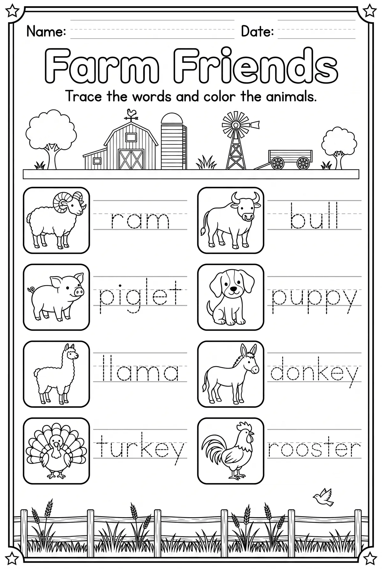 Farm Animals Tracing Worksheet: Ram, Piglet, Llama, page 1 preview