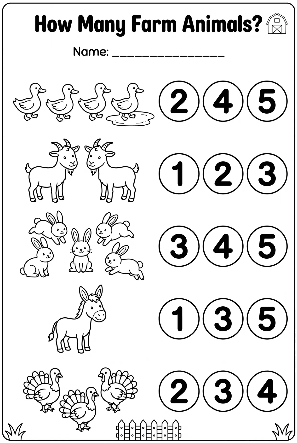 Farm Animals Counting Worksheet: How Many? 1 to 5, page 1 preview