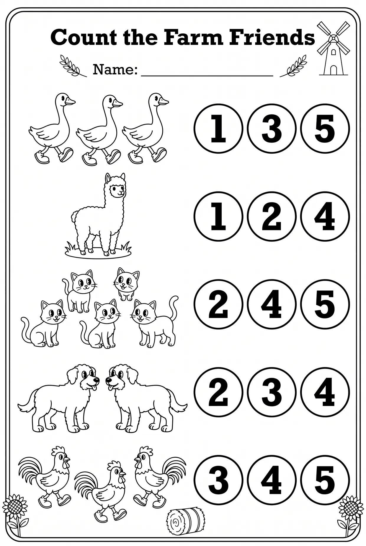 Count the Farm Animals Worksheet: Numbers 1 to 5, page 1 preview