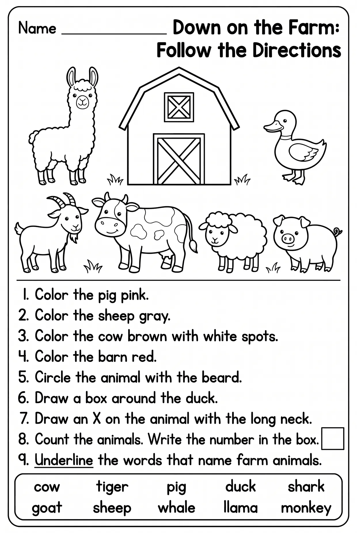 Farm Animals Follow the Directions Worksheet Grade 1, page 1 preview
