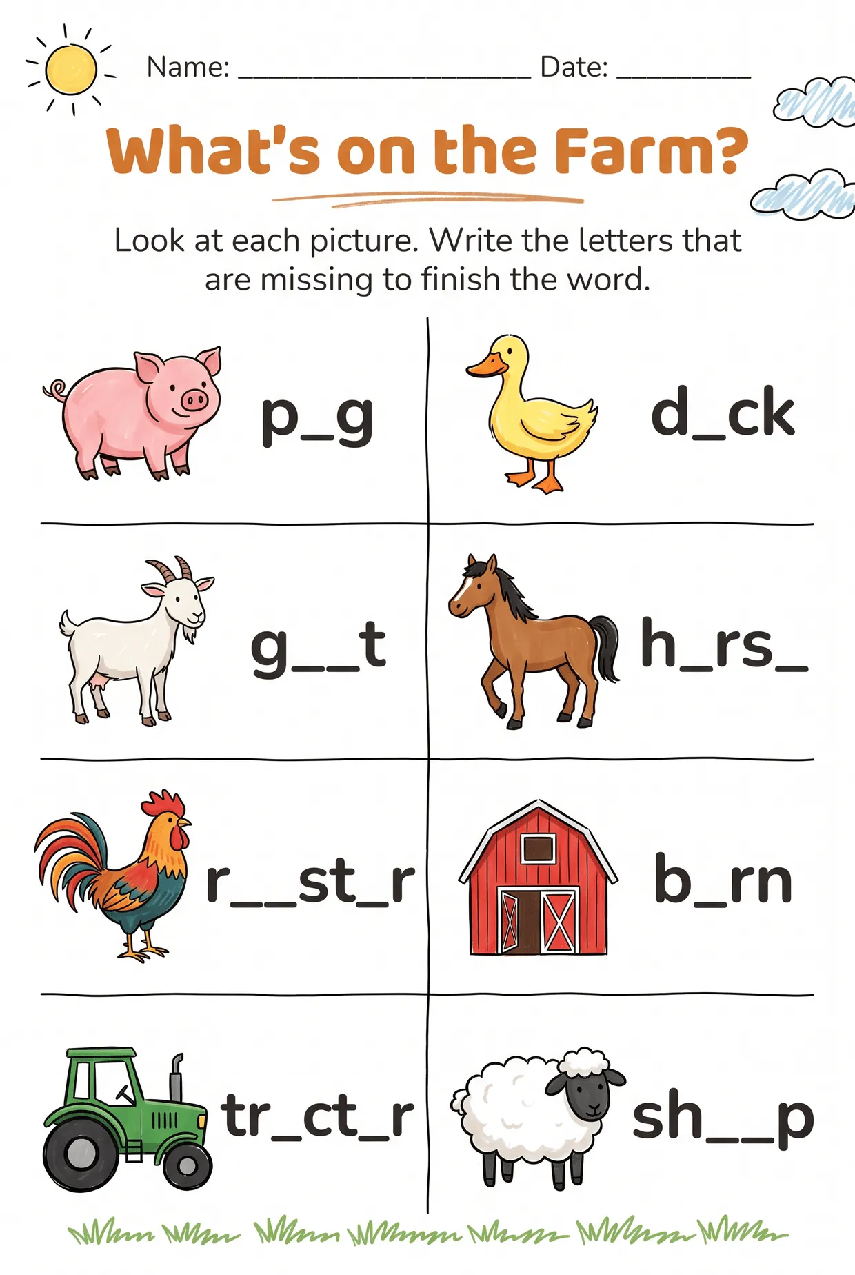 Farm Animals Missing Letters Worksheet: Pig, Goat, Barn, page 1 preview