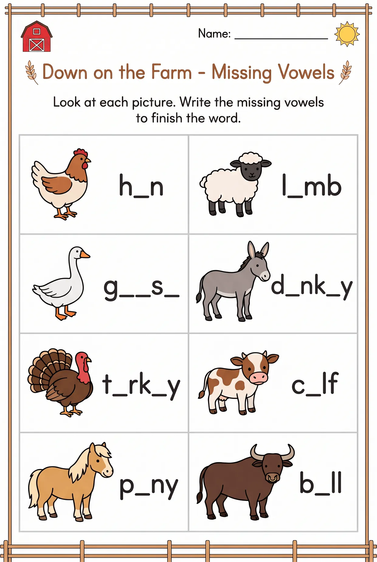 Farm Animals Missing Vowels Worksheet: Down on the Farm, page 1 preview