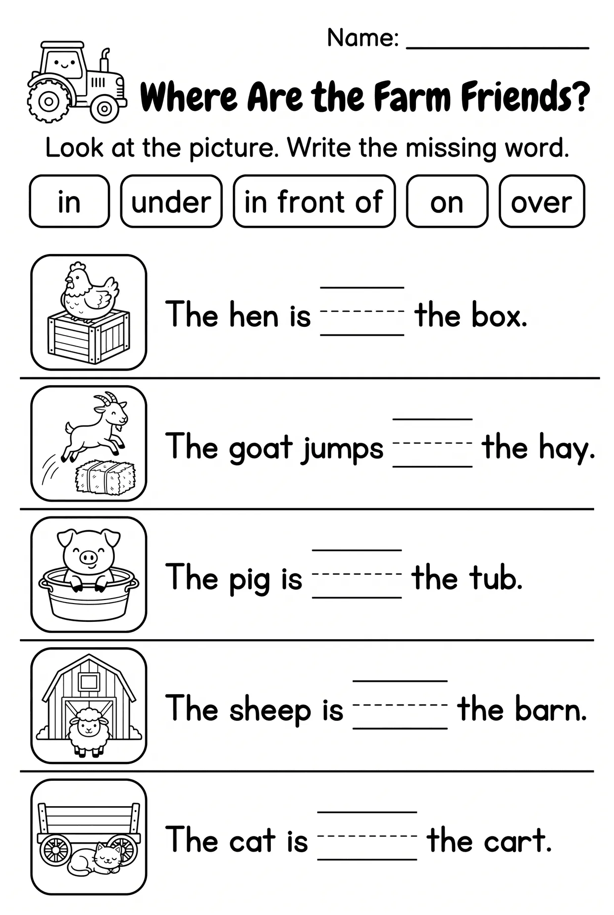 Farm Animals Prepositions Worksheet for Kindergarten, page 1 preview