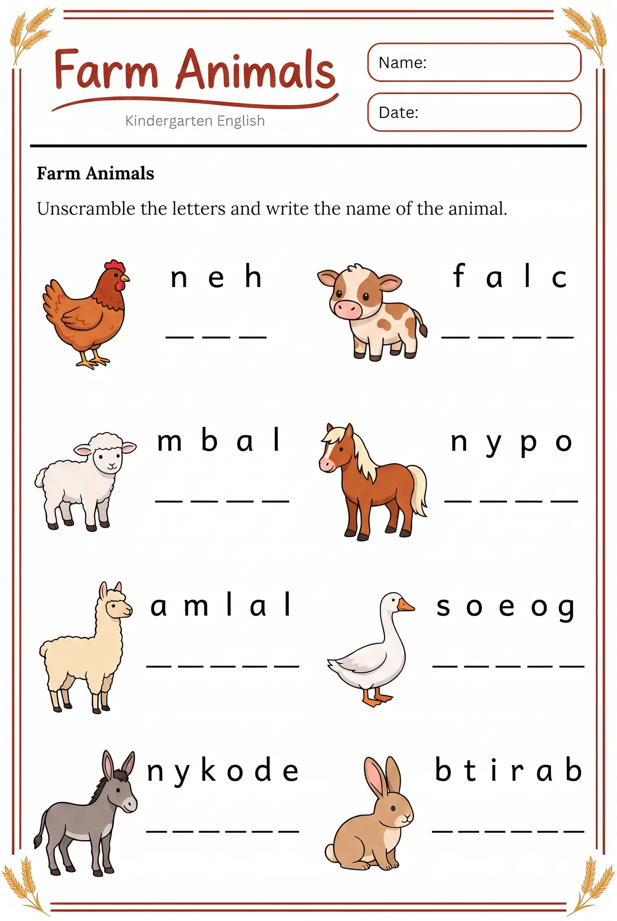 Farm Animals Word Scramble Worksheet: Hen to Rabbit, page 1 preview