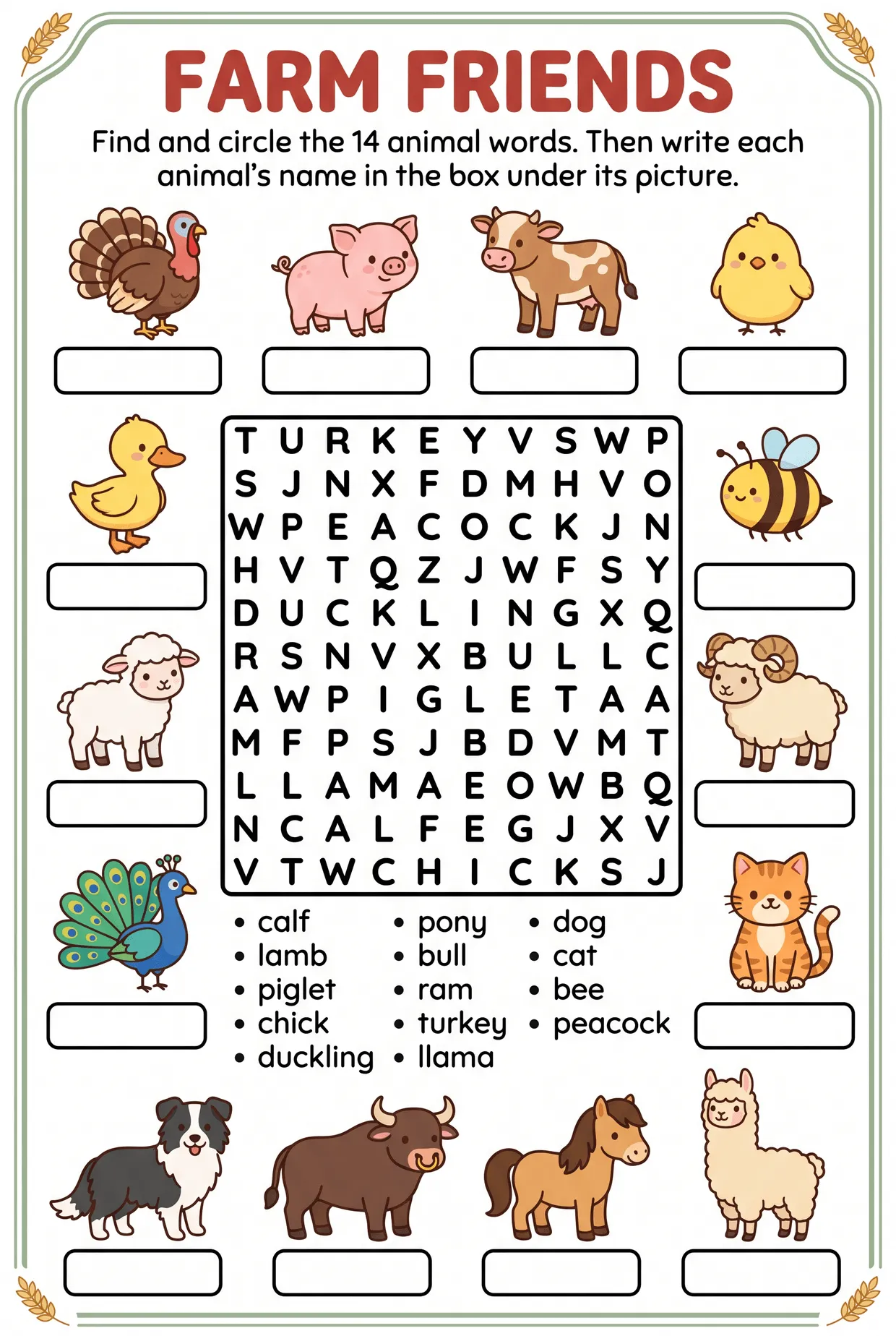 Farm Animals Word Search Worksheet: Label 16 Animals, page 1 preview