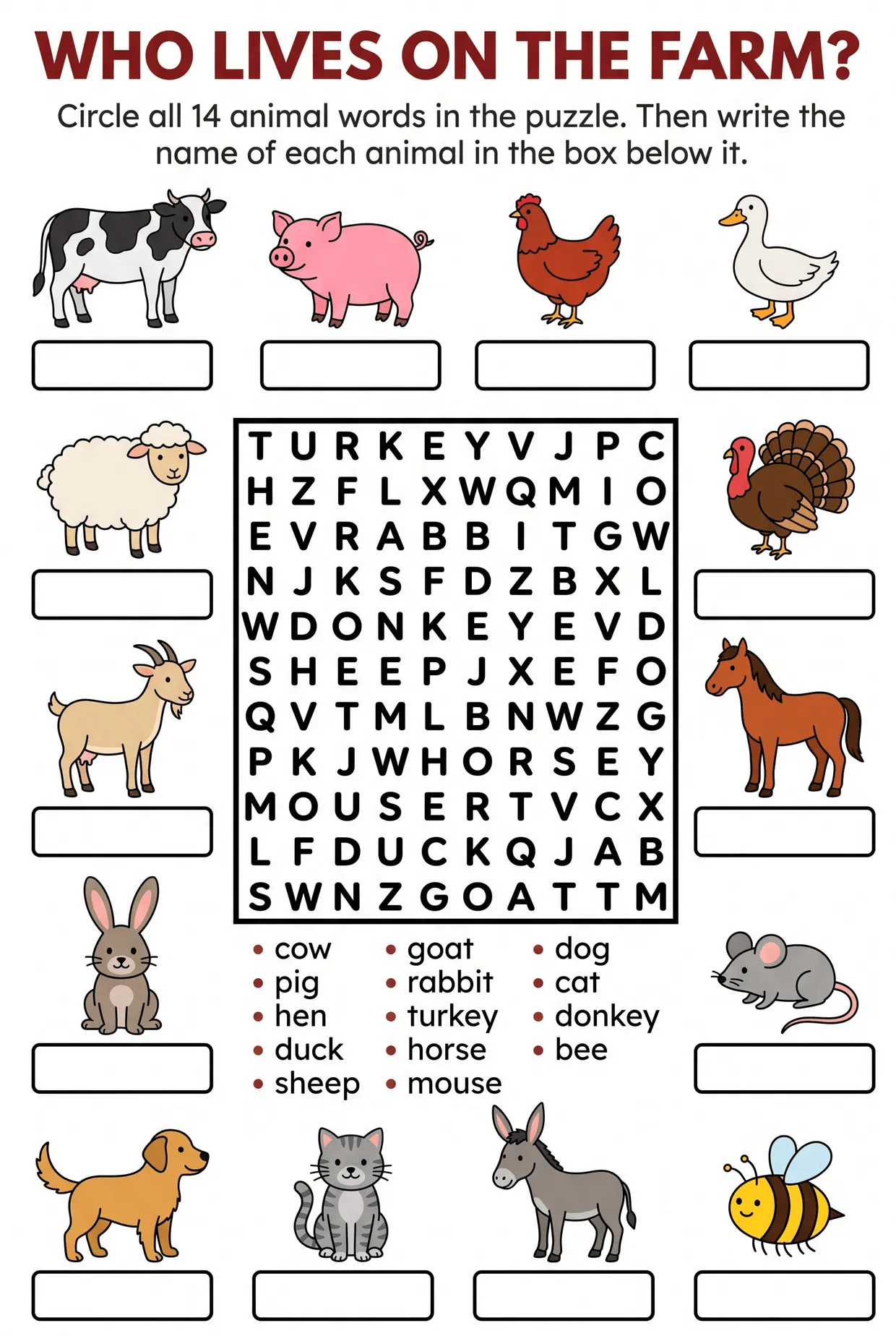 Farm Animals Word Search Worksheet: Who Lives Here?, page 1 preview