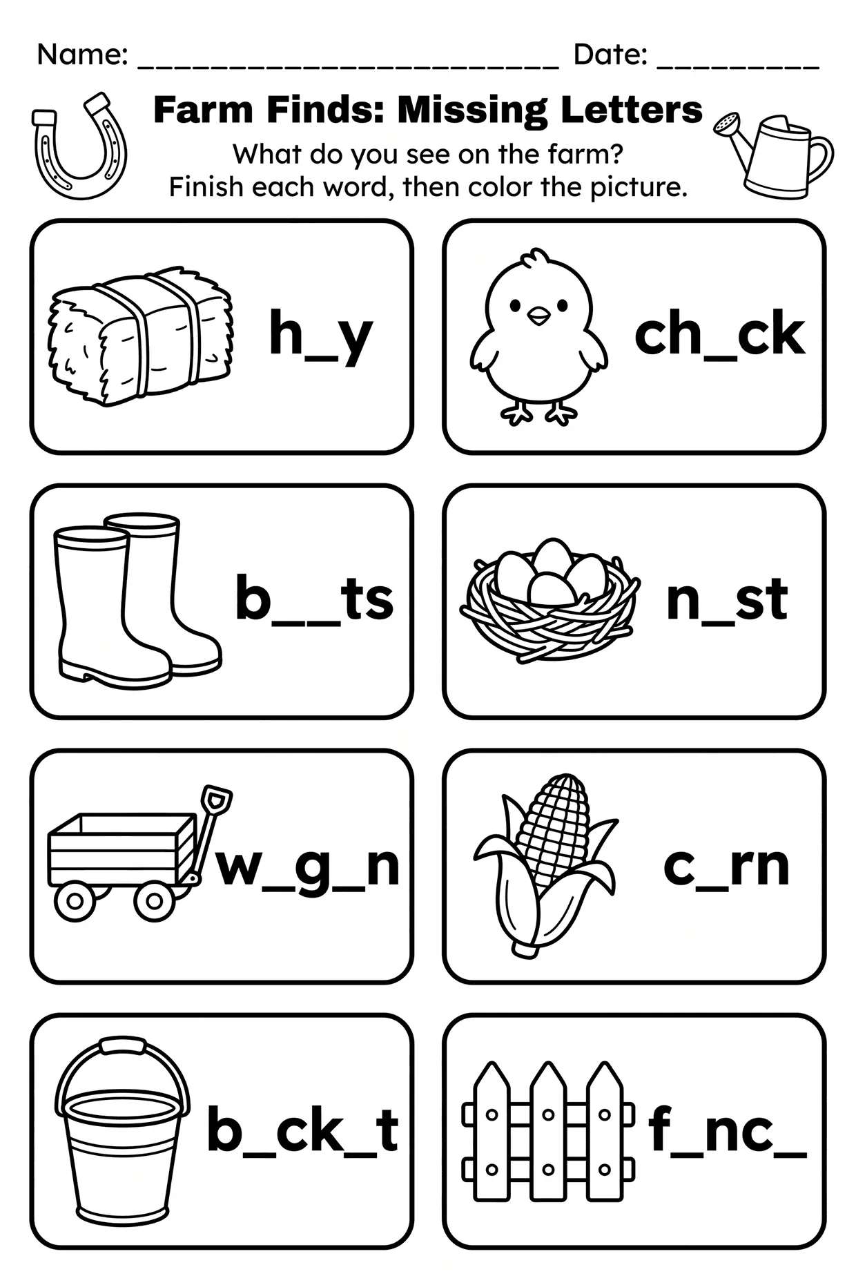 Farm Missing Letters Worksheet: Hay, Boots, Wagon, page 1 preview