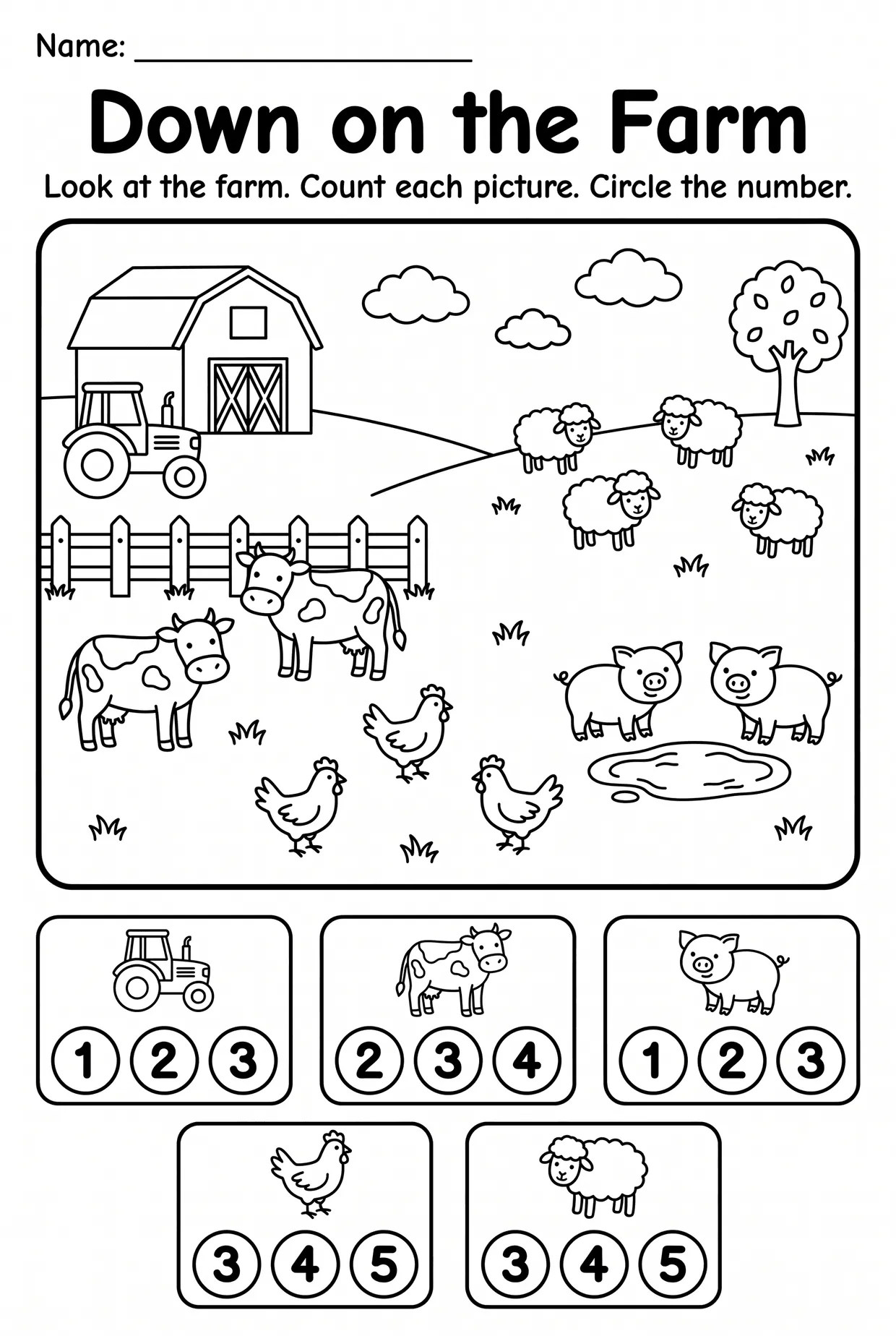 Down on the Farm Counting Worksheet for Preschool, page 1 preview