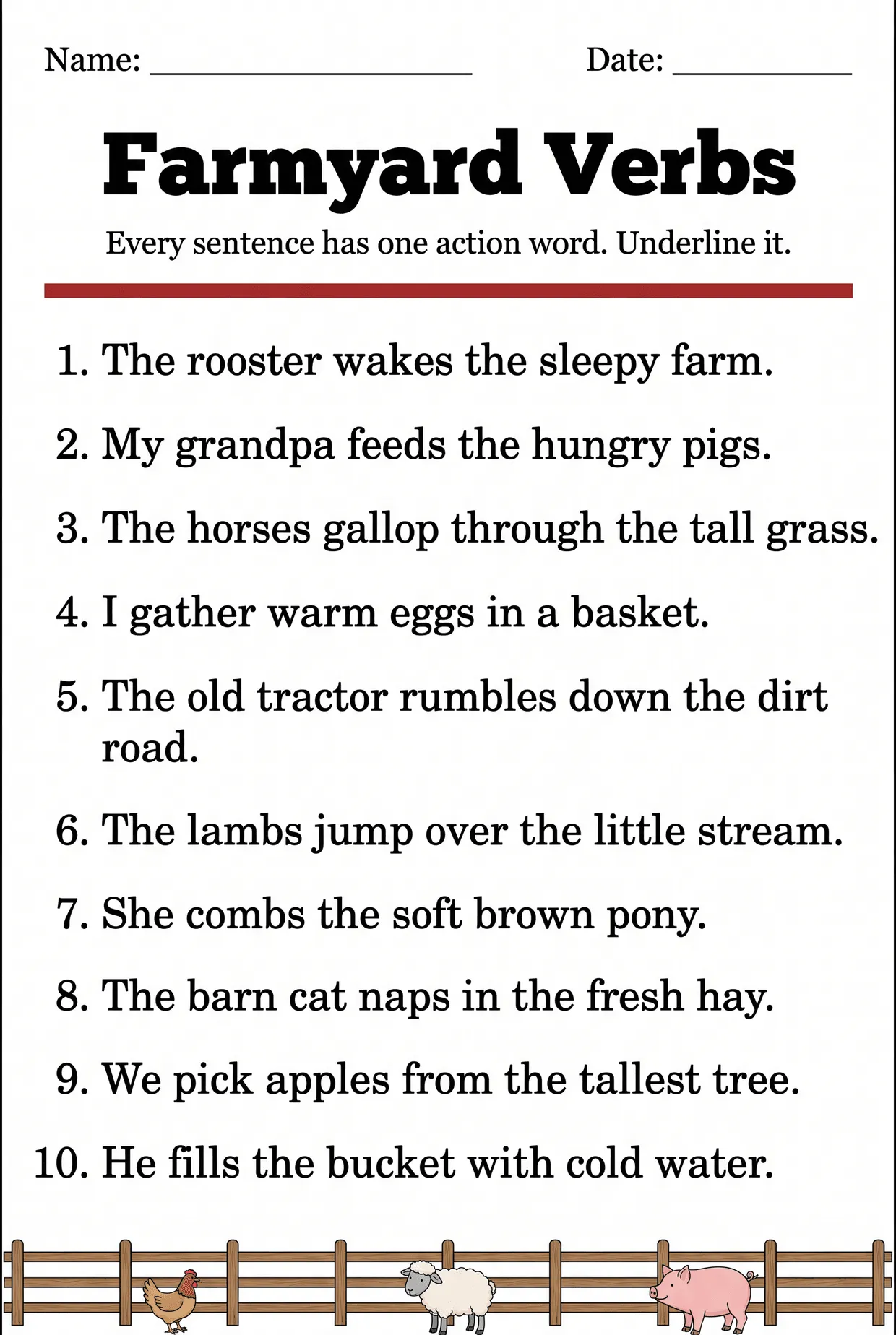 Farmyard Verbs Worksheet: Underline the Verb, page 1 preview