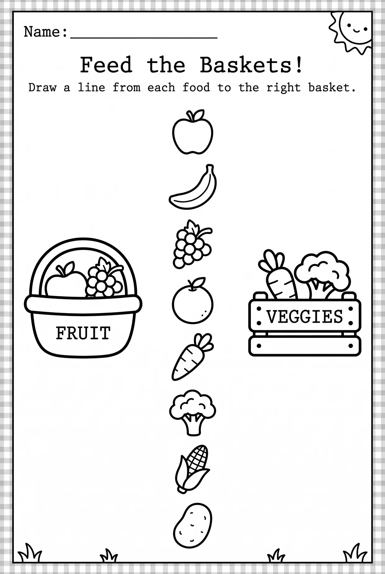 Fruits and Vegetables Worksheet: Feed the Baskets, page 1 preview