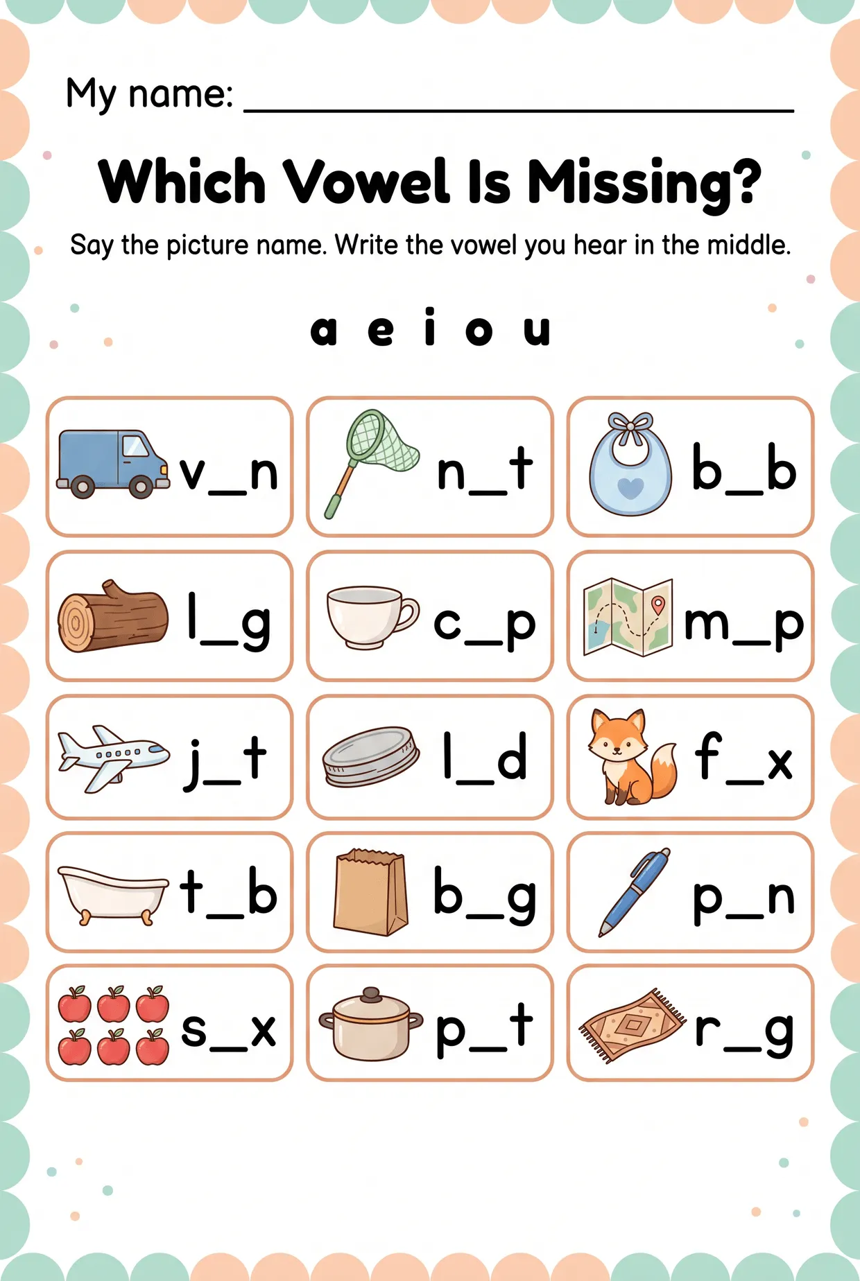 Which Vowel Is Missing? 15 CVC Picture Words, page 1 preview