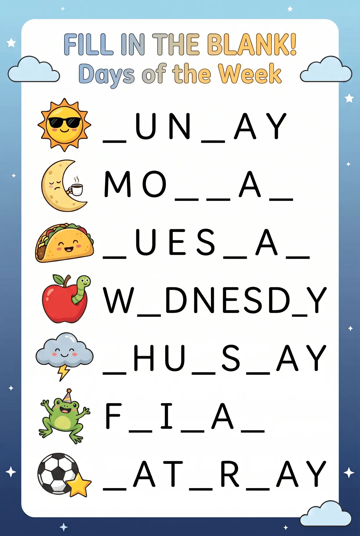 Days of the Week Fill-in-the-Blank worksheet preview
