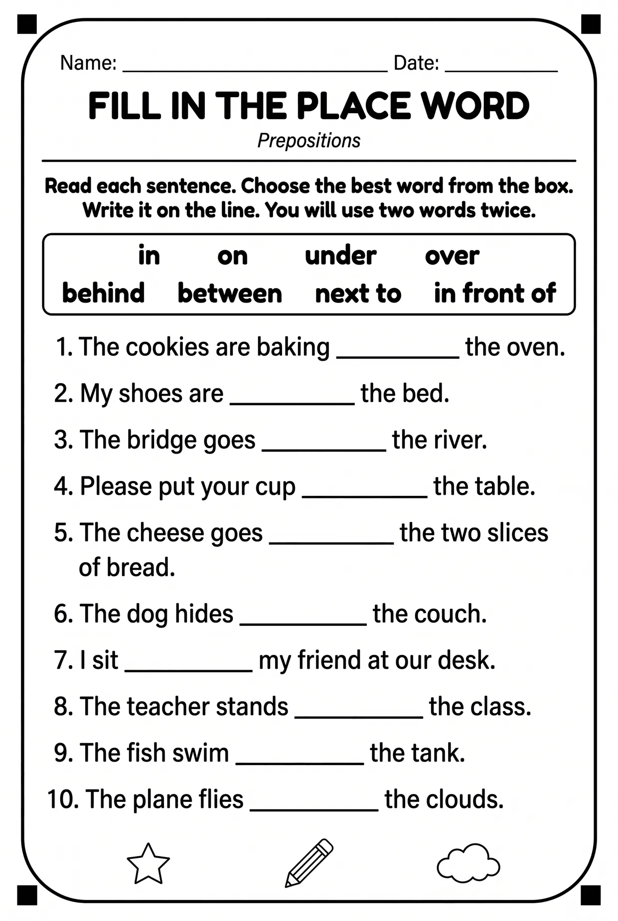 Fill In the Place Word: Prepositions Worksheet Grade 1, page 1 preview