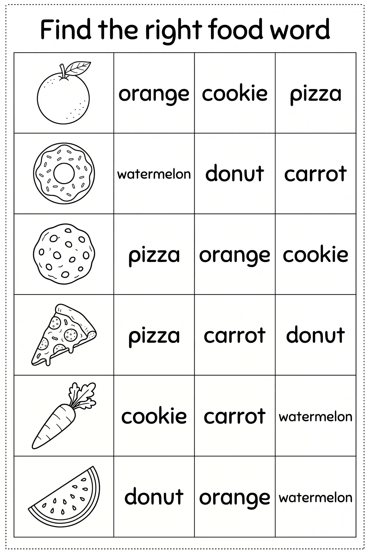 Find the Right Food Word: Pizza, Donut & Orange worksheet preview