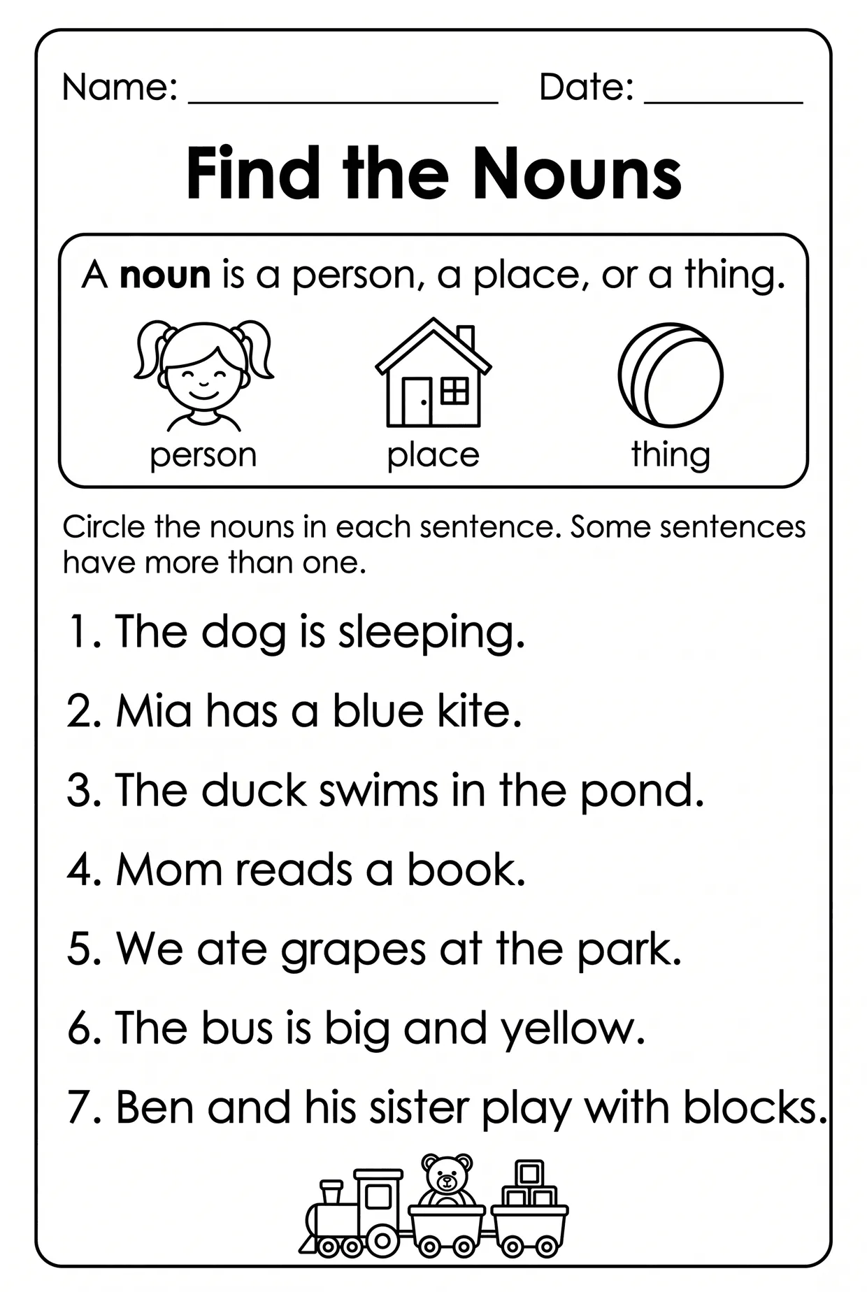 Find the Nouns Person Place or Thing Worksheet Grade 1, page 1 preview