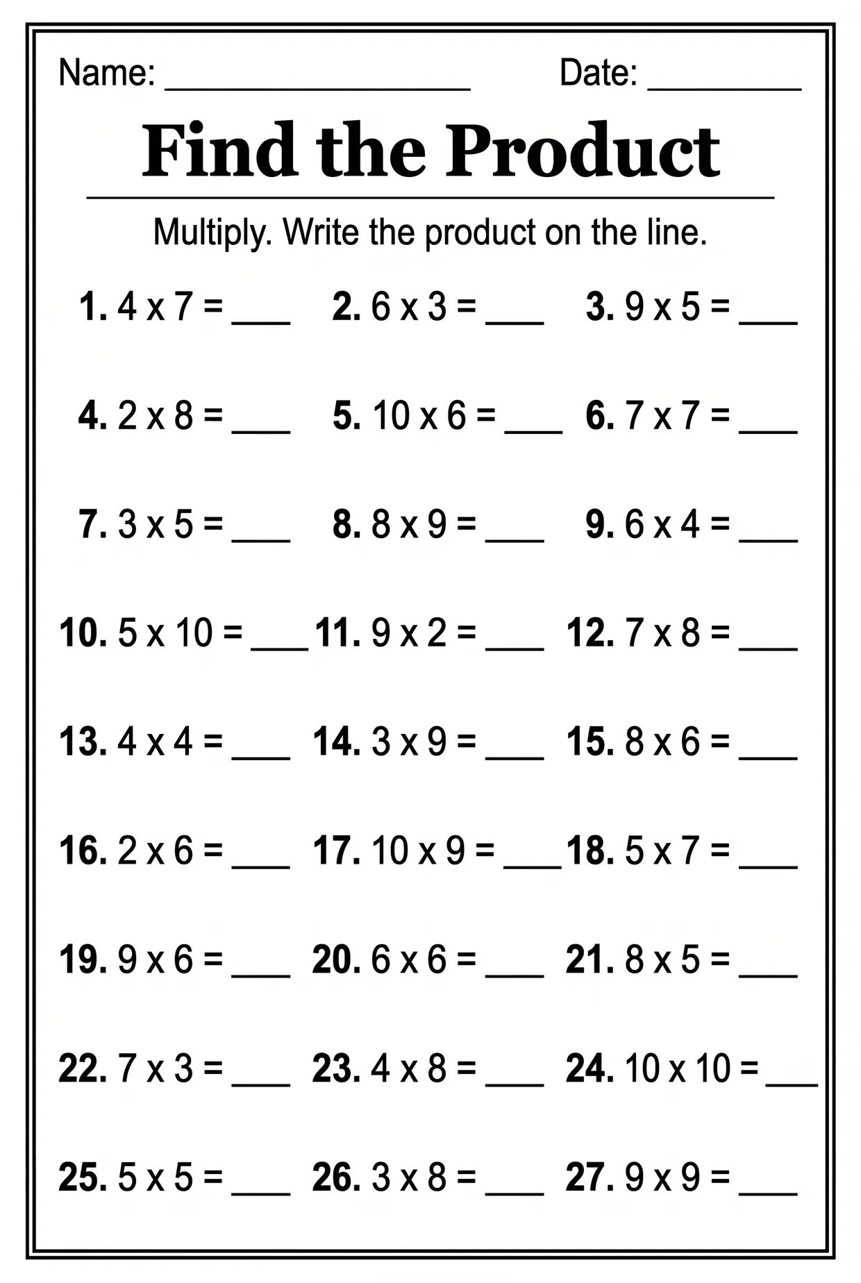 Find the Product: 27 Multiplication Problems Grade 3, page 1 preview