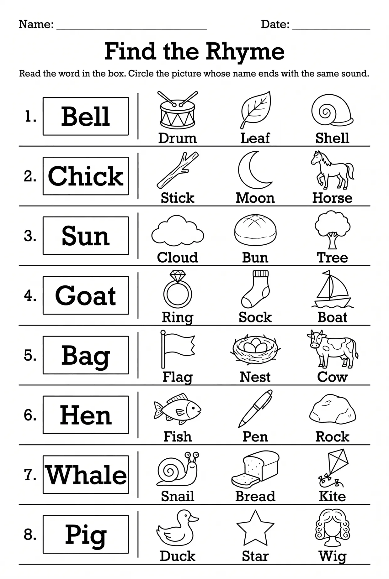 Find the Rhyme: Picture Rhyming Words Worksheet, page 1 preview