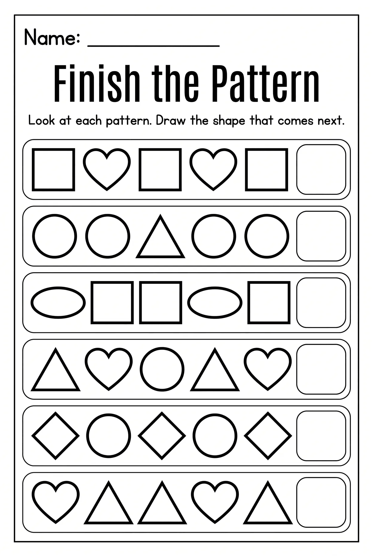 Finish the Pattern: Kindergarten Shape Pattern Worksheet, page 1 preview