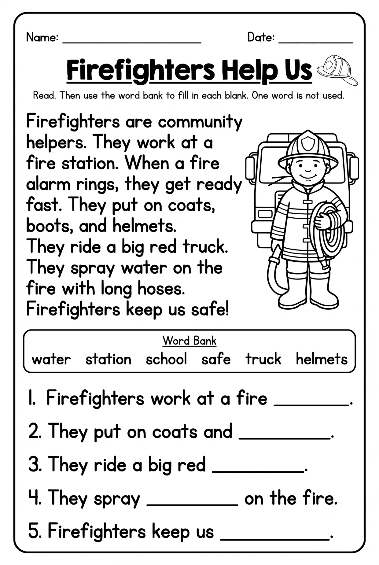 Firefighters Word Bank Reading Comprehension Grade 1, page 1 preview