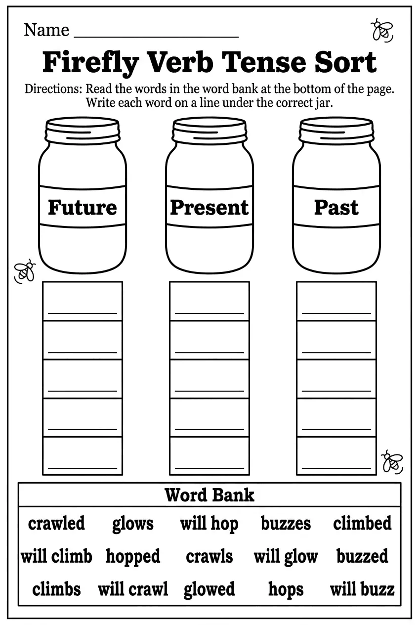 Firefly Verb Tense Sort: Write-In Verbs Worksheet, page 1 preview