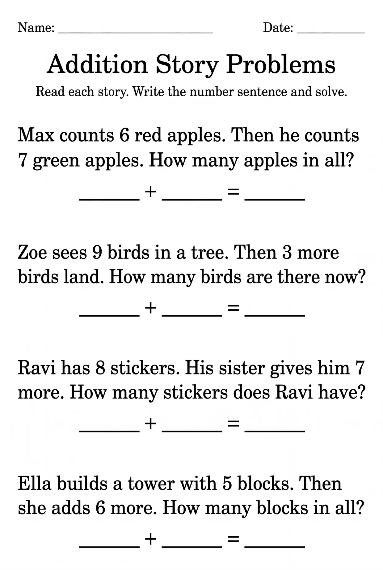 First Grade Addition Story Problems Worksheet worksheet preview