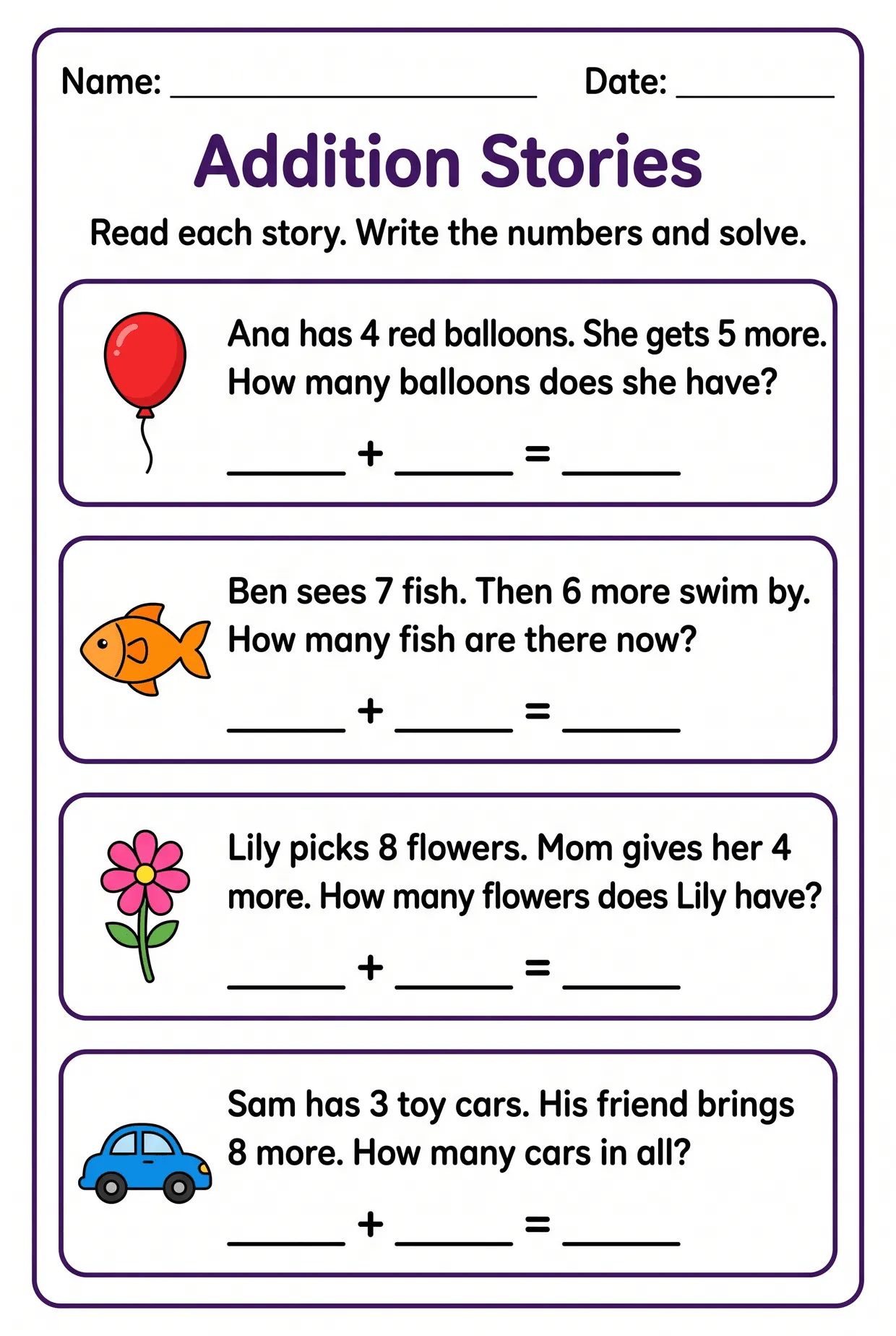 Addition Word Problems Worksheet With Pictures worksheet preview
