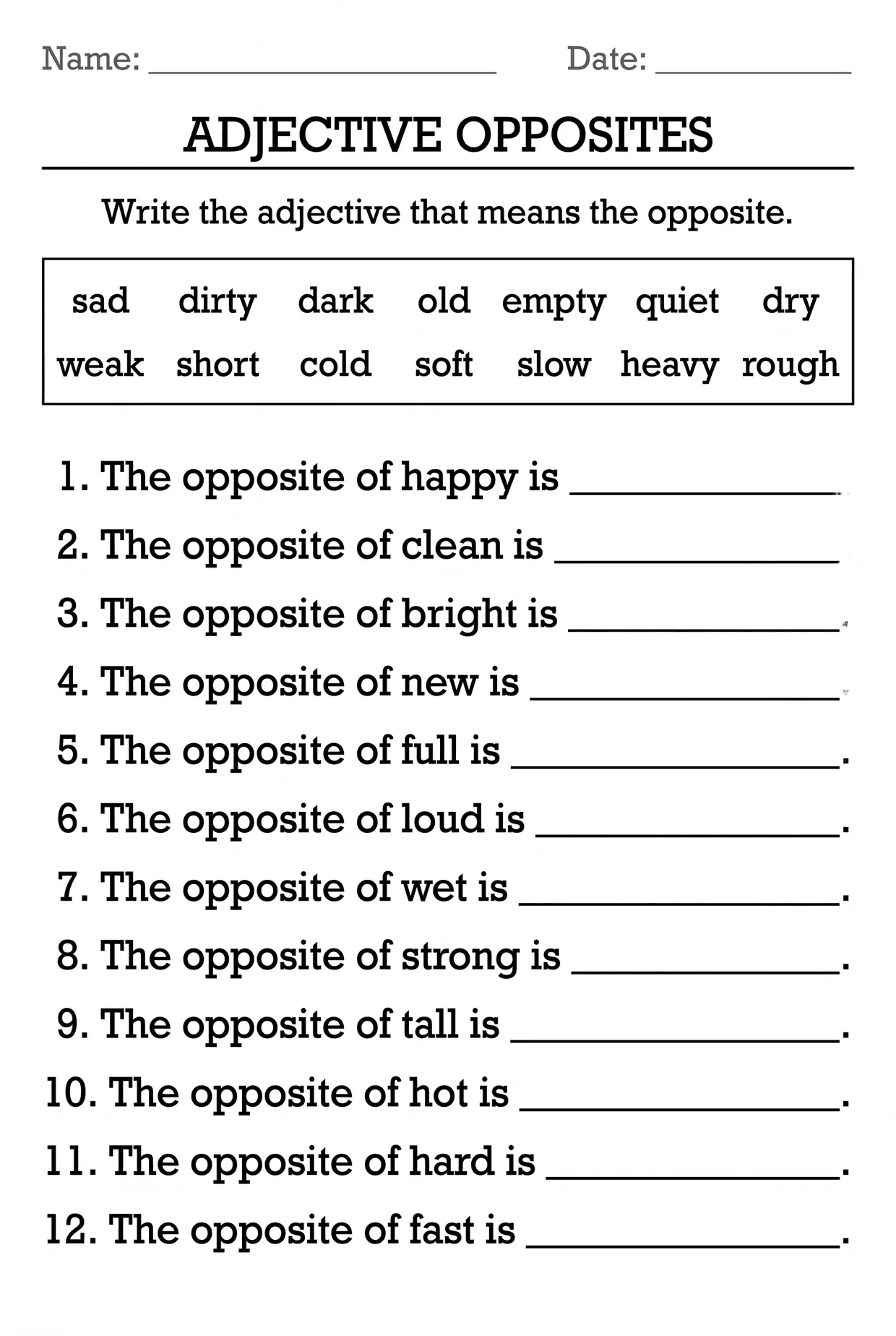 Adjective Opposites Worksheet: Write the Opposite, page 1 preview