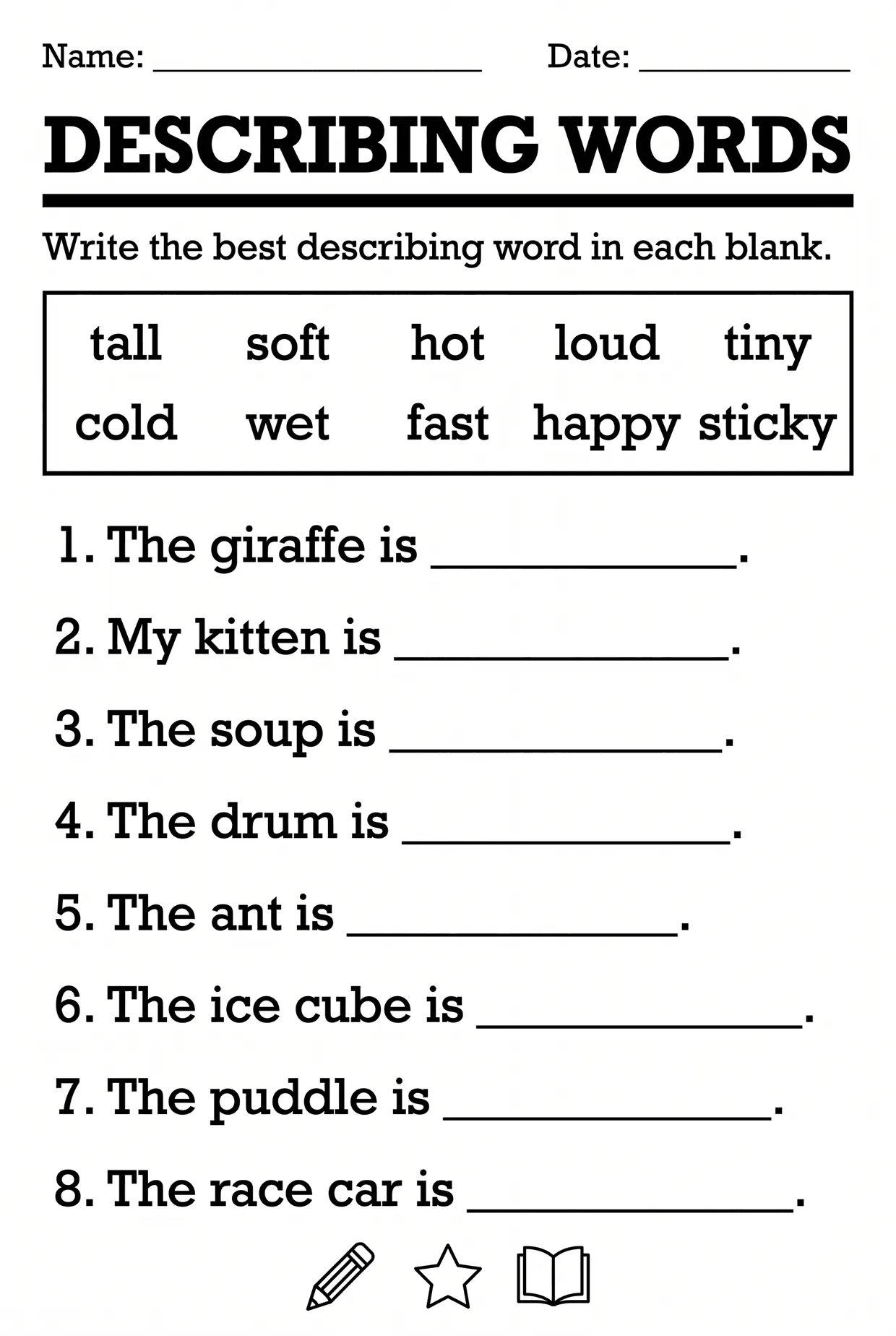 Adjectives Worksheet: Fill In the Describing Word, page 1 preview