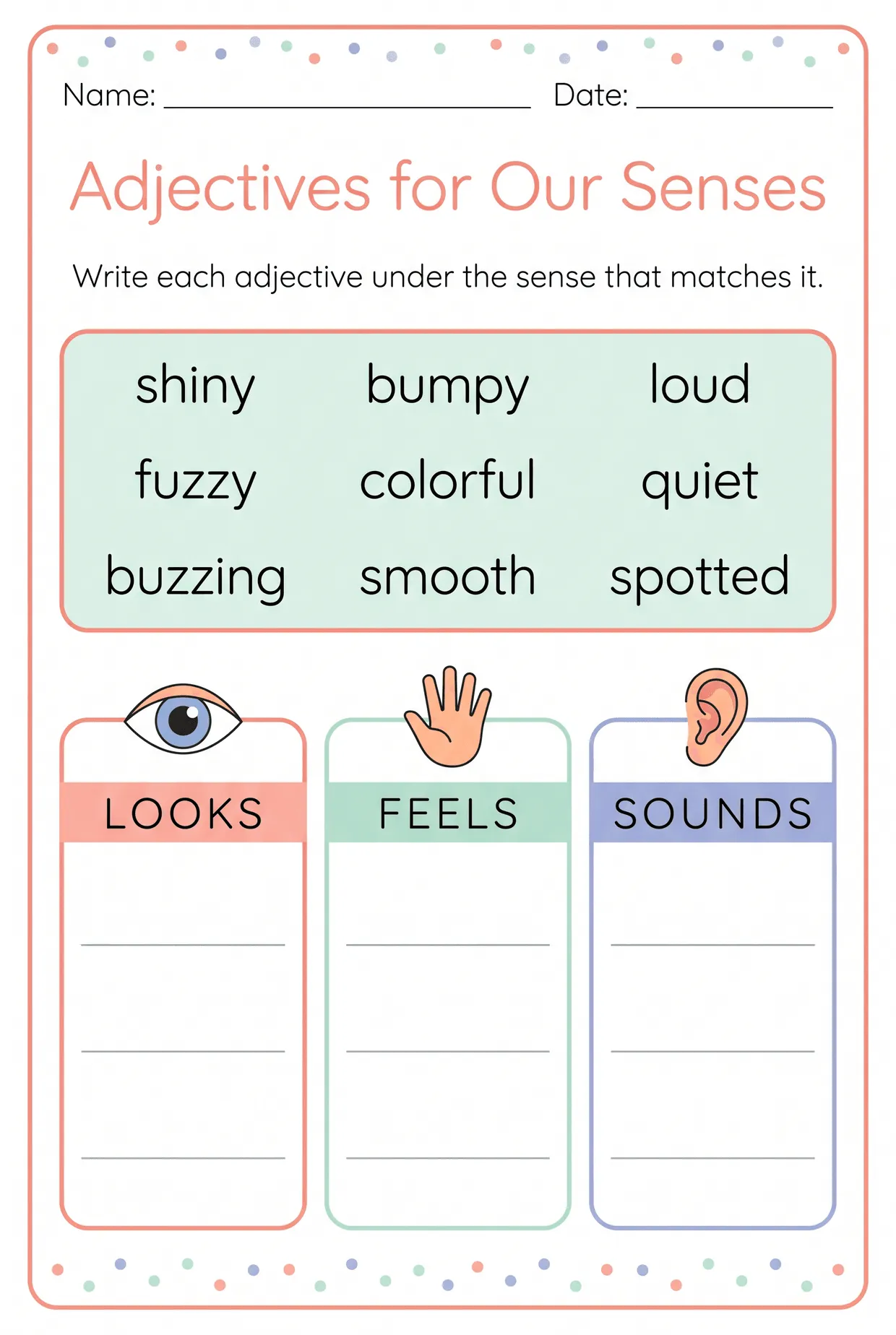 Five Senses Adjectives Worksheet: Looks, Feels, Sounds, page 1 preview